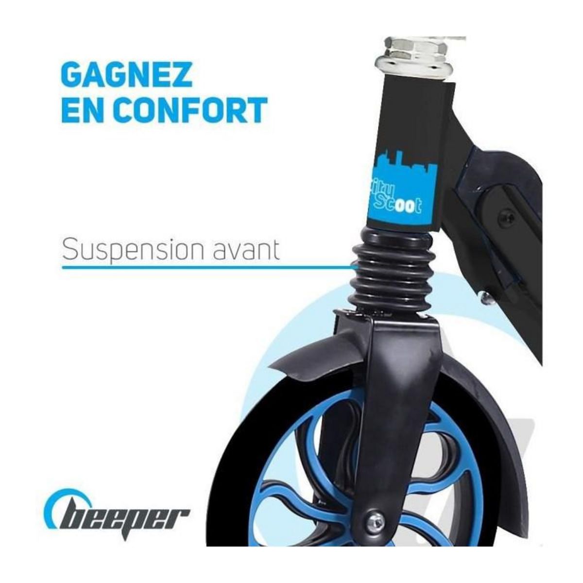 BEEPER Trottinette mécanique - Adulte/Ados - Beeper City Scoot - Roues 8'' - Suspension avant - Cadre Noir - Sans frein guidon