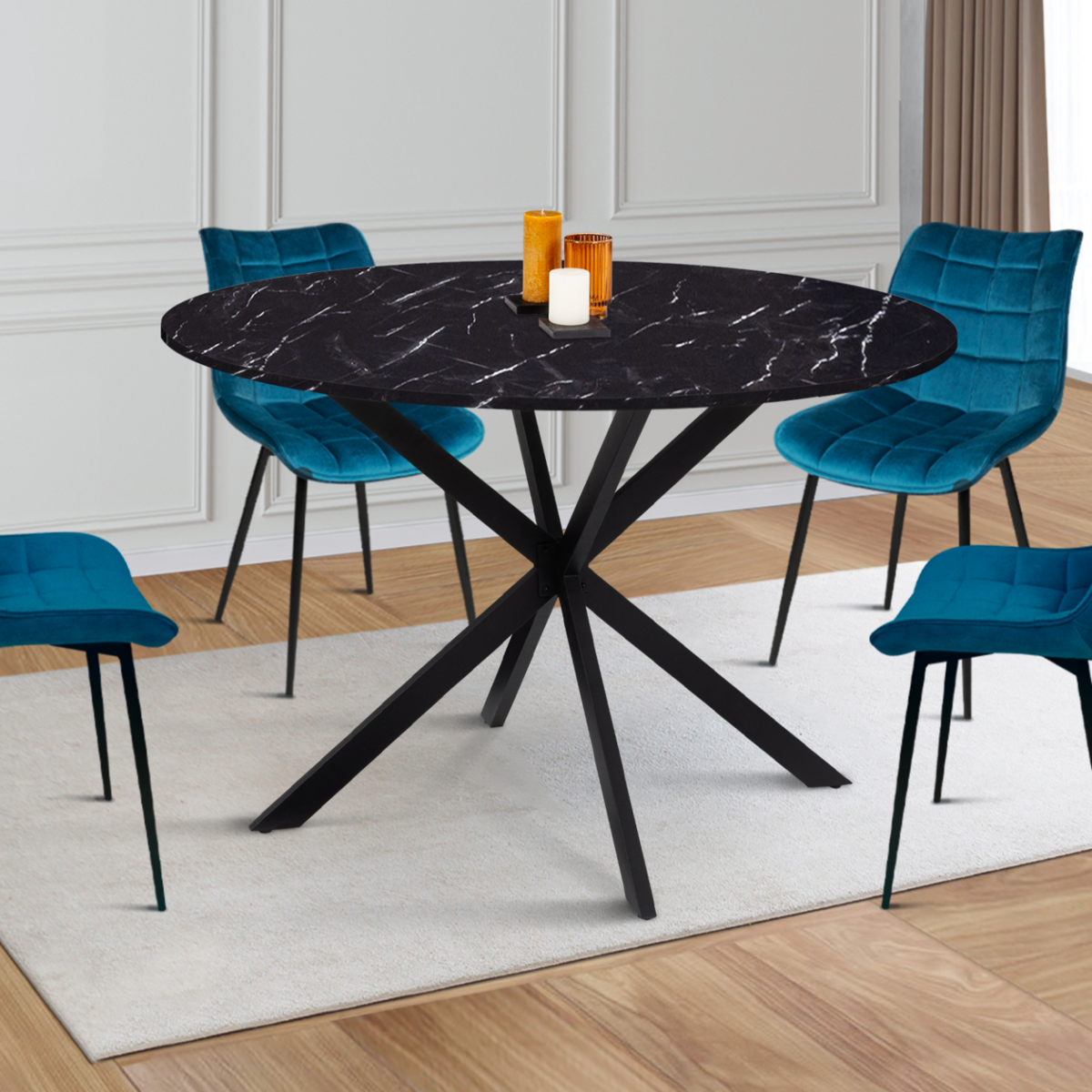ID MARKET Table à manger ronde ALIX 6 personnes pied araignée noir et plateau effet marbre noir ALASKA 110 cm