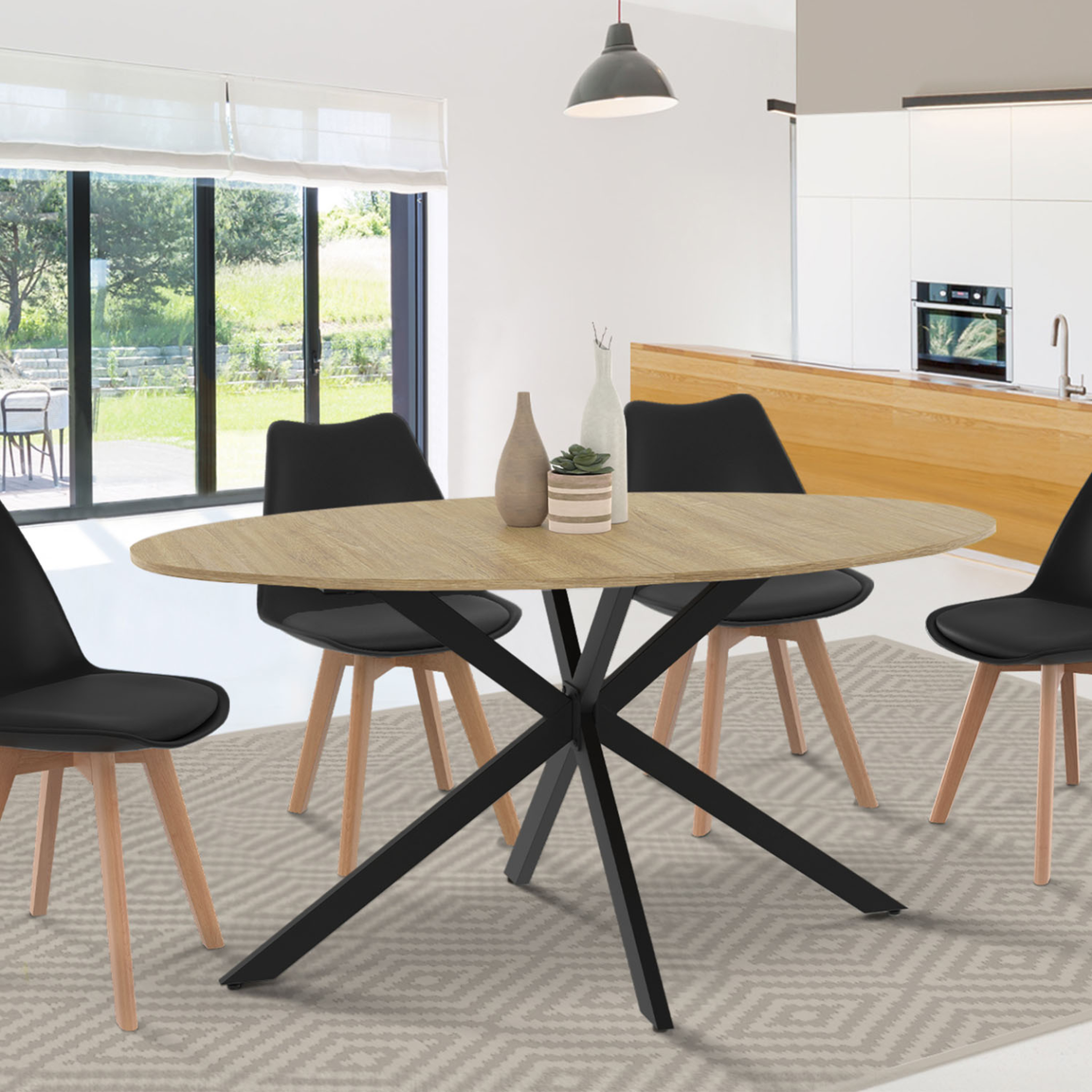 Voir la diapositive 2 : ID MARKET Table à manger ovale alix 8 personnes pied araignée bois et noir 150 cm