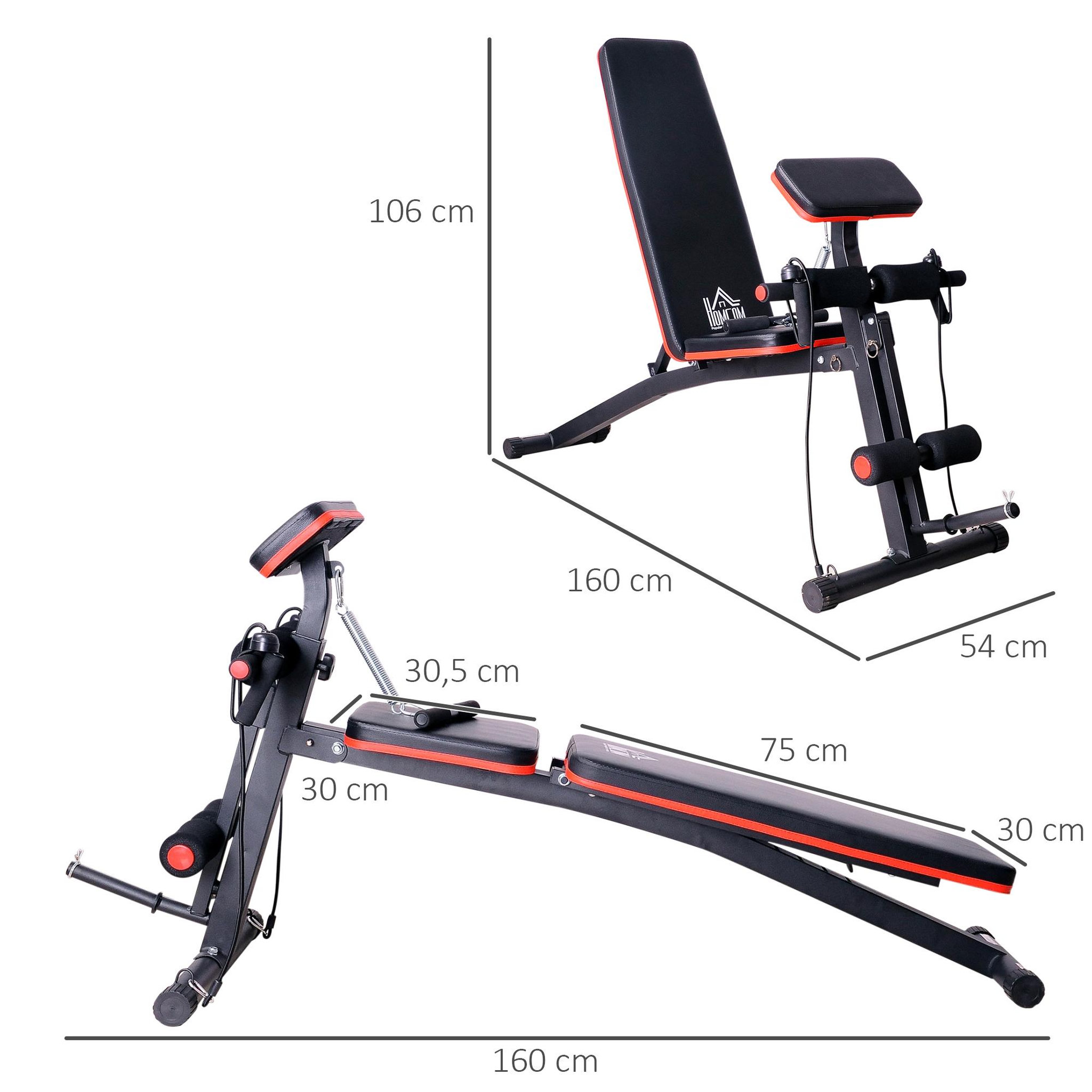 Voir la diapositive 3 : HOMCOM Banc de musculation pliable inclinable réglable sangles élastiques + support haltères inclus acier noir rouge