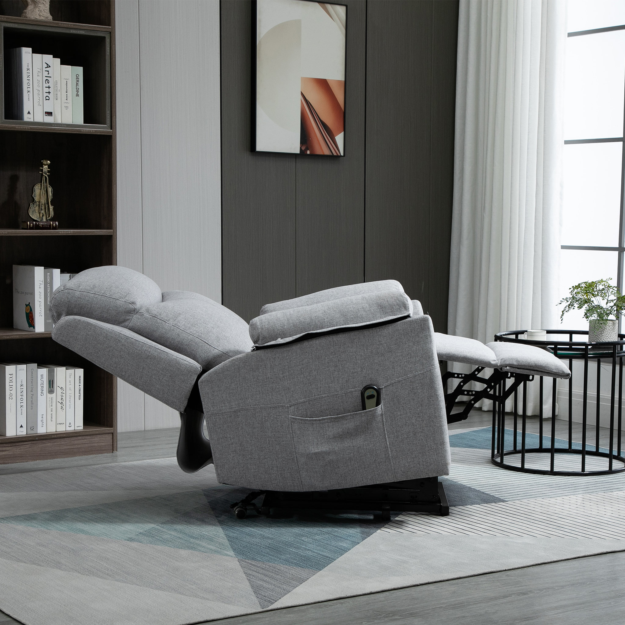 Voir la diapositive 4 : HOMCOM Fauteuil de relaxation électrique - fauteuil releveur inclinable avec repose-pied ajustable et télécommande - tissu polyester aspect lin gris clair chiné