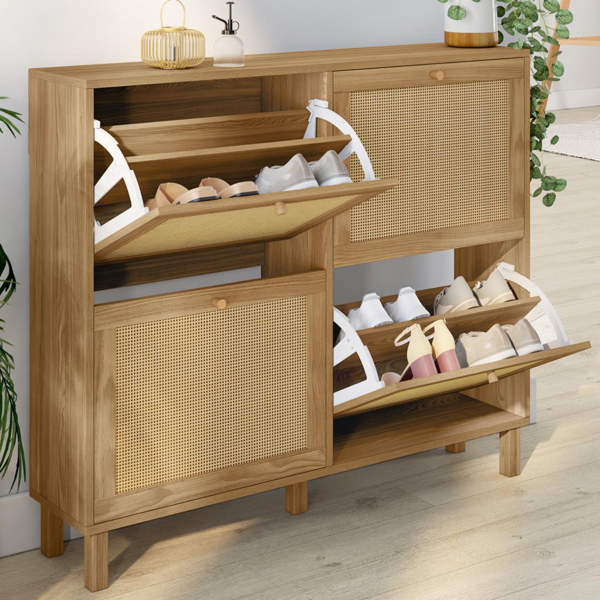 Voir la diapositive 2 : ID MARKET Meuble à chaussures 20 paires hanae 4 portes effet naturel cannage