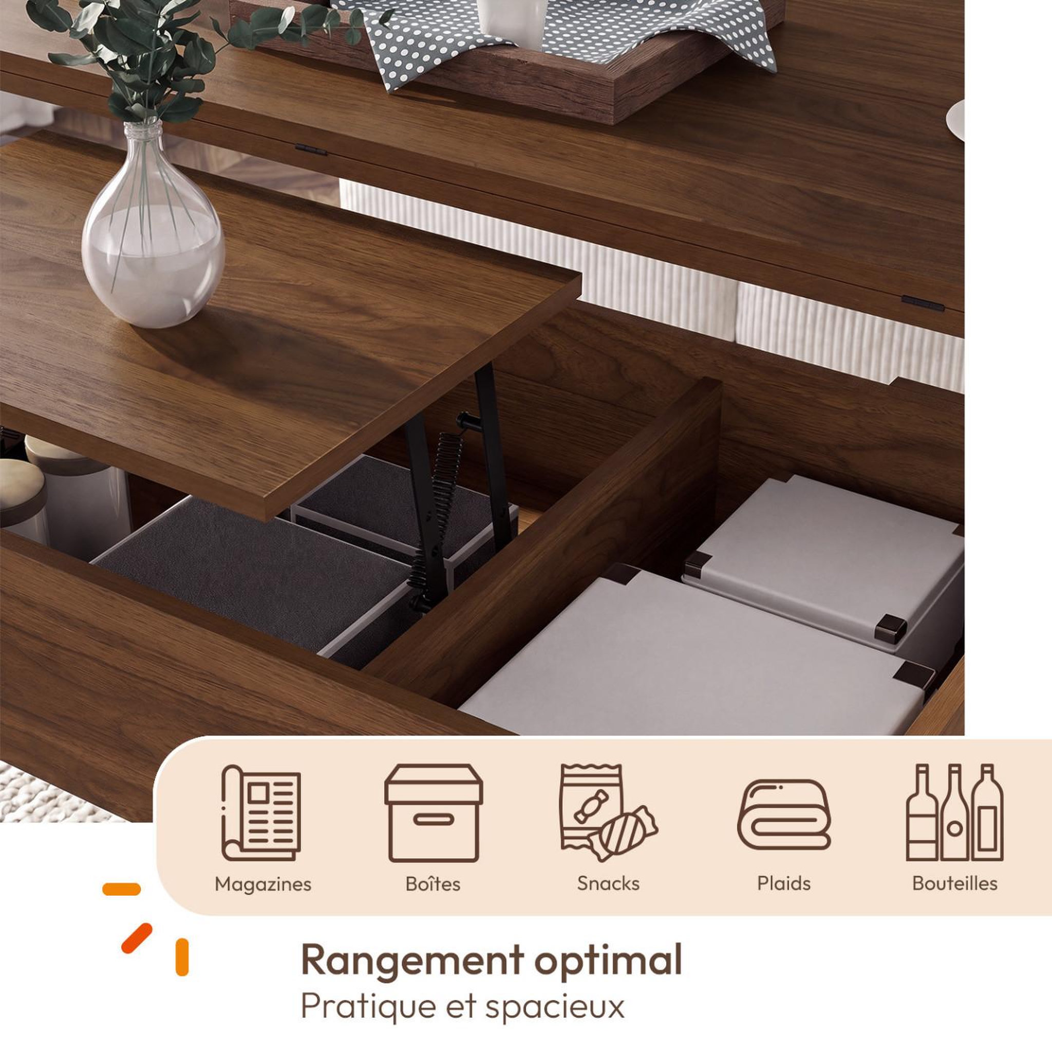 Voir la diapositive 6 : ID MARKET Table basse plateau relevable rectangulaire convertible en table à manger TARA 100 cm bois effet noyer