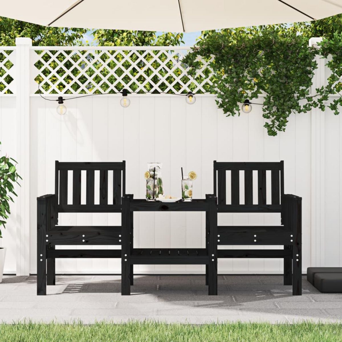 VIDAXL Banc de jardin avec table 2 places noir bois massif de pin
