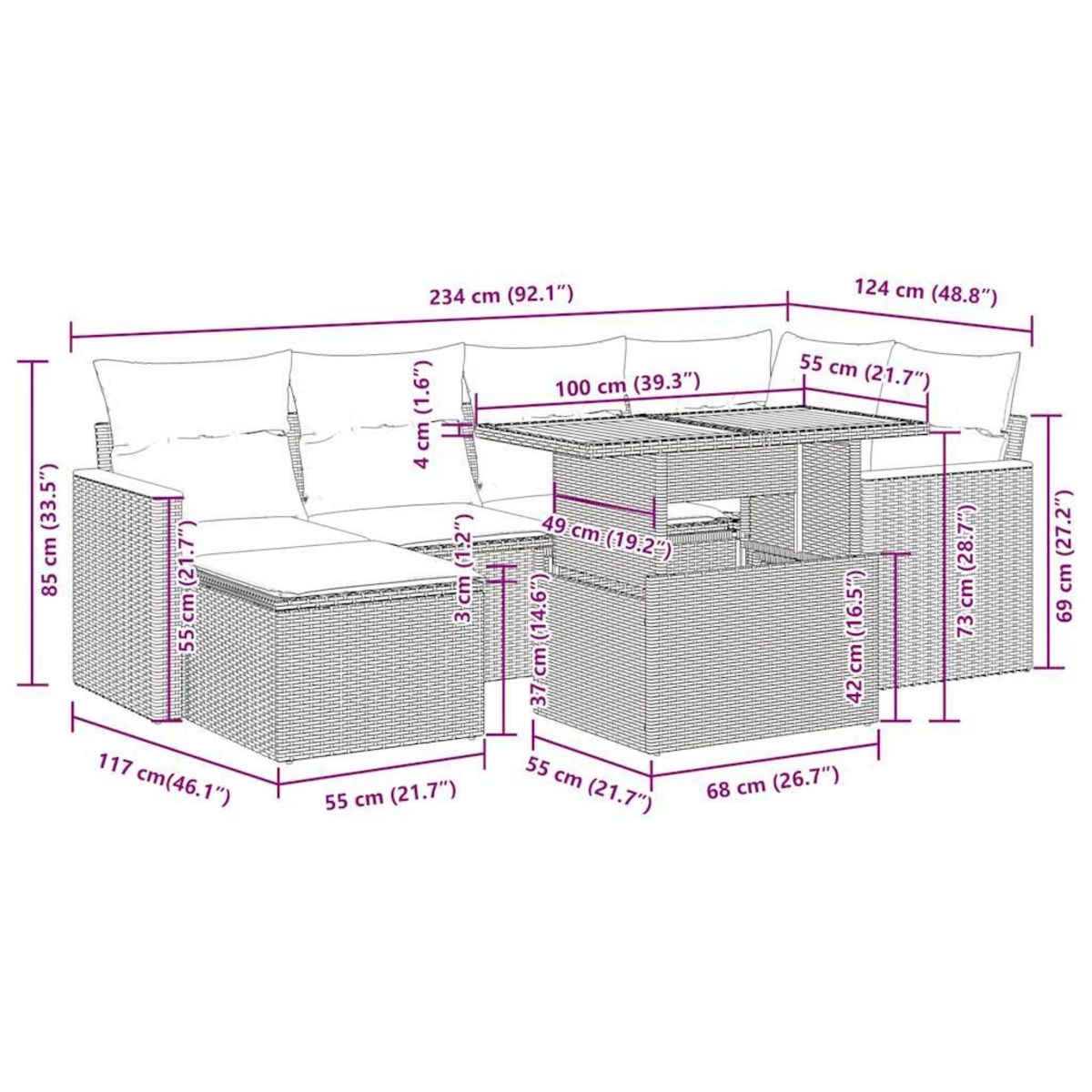 VIDAXL Salon de jardin avec coussins 7 pcs gris resine tressee acacia