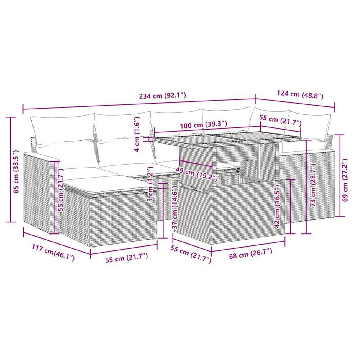 VIDAXL Salon de jardin avec coussins 7 pcs gris resine tressee acacia