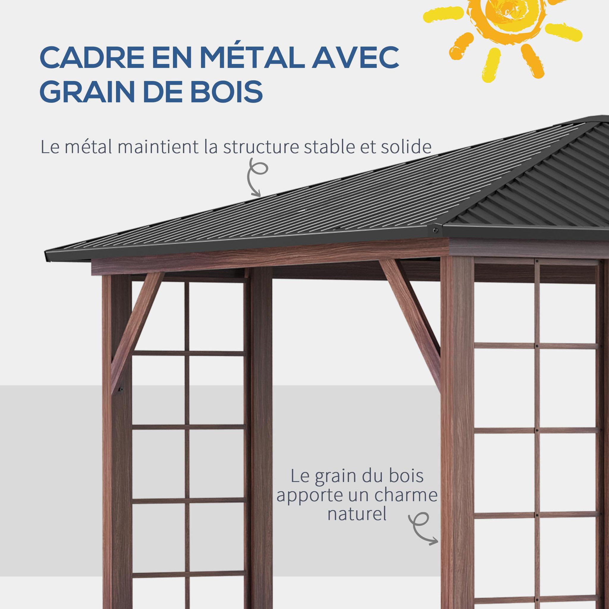 Voir la diapositive 5 : OUTSUNNY Pergola pavillon de jardin avec toit rigide imperméable - dim. 364L x 299l x 280H cm - métal aspect bois gris foncé
