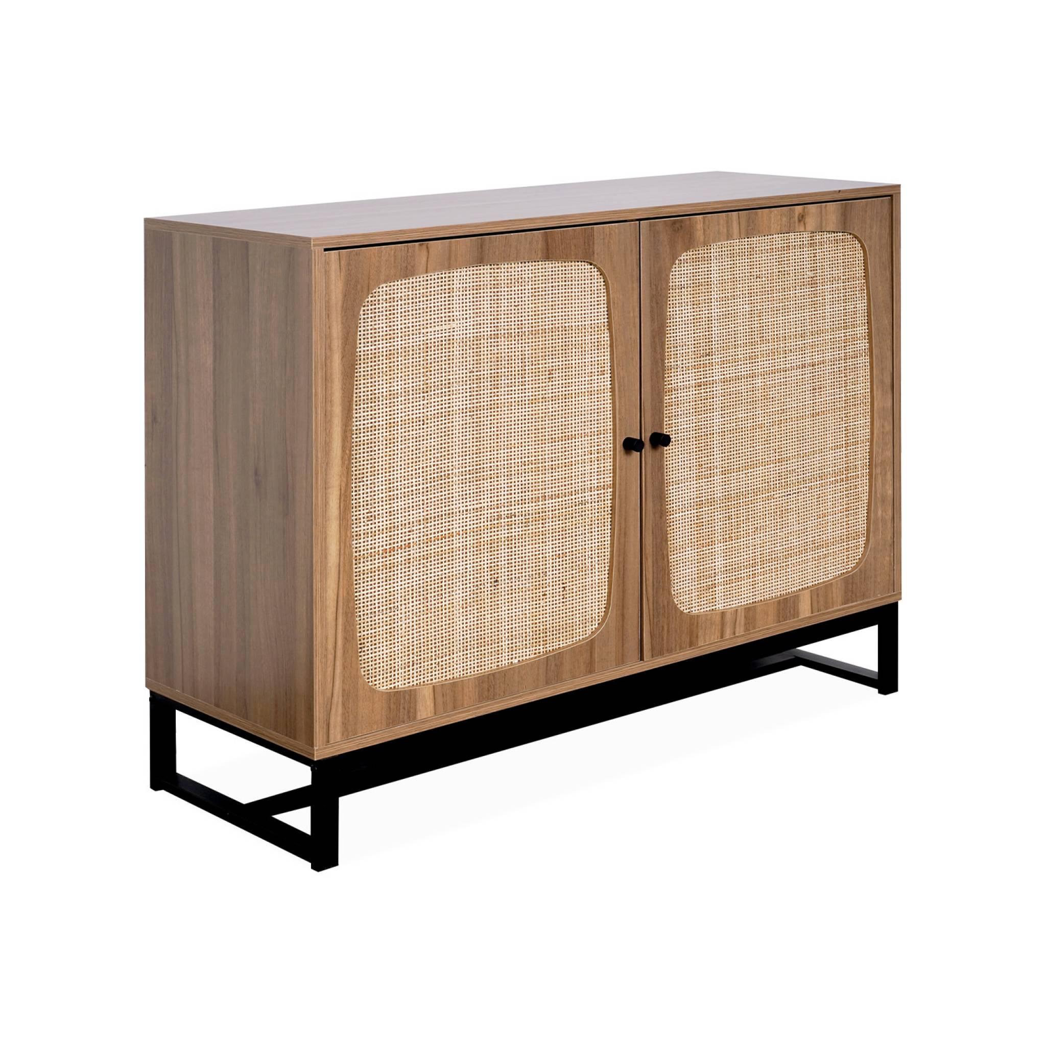 Voir la diapositive 1 : SWEEEK Buffet rétro décor bois foncé et cannage. buffet haut. vaisselier. 2 portes avec pieds en métal noir L100cm