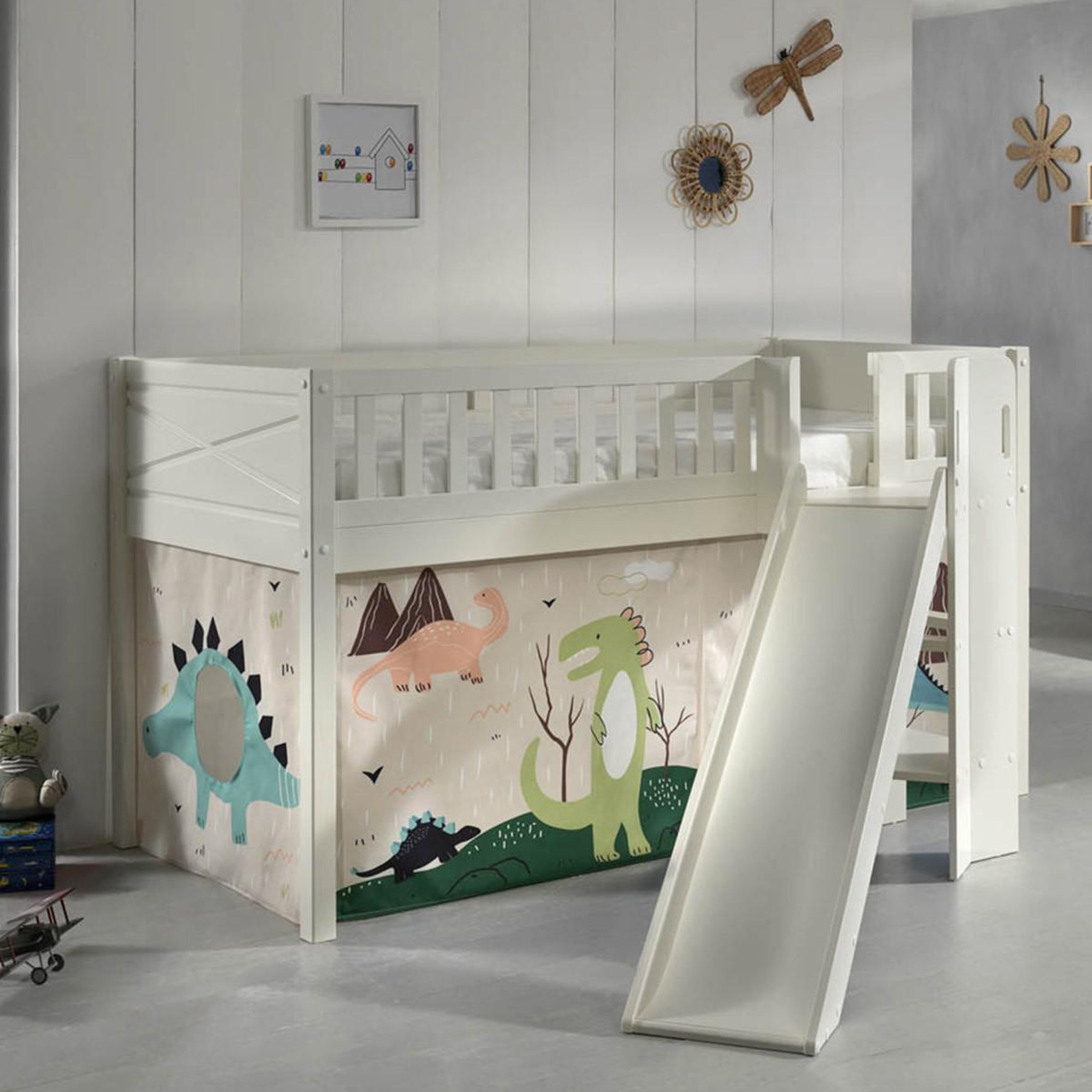 Voir la diapositive 5 : Paris Prix Lit enfant toboggan & tente  scott dino  90x200cm blanc