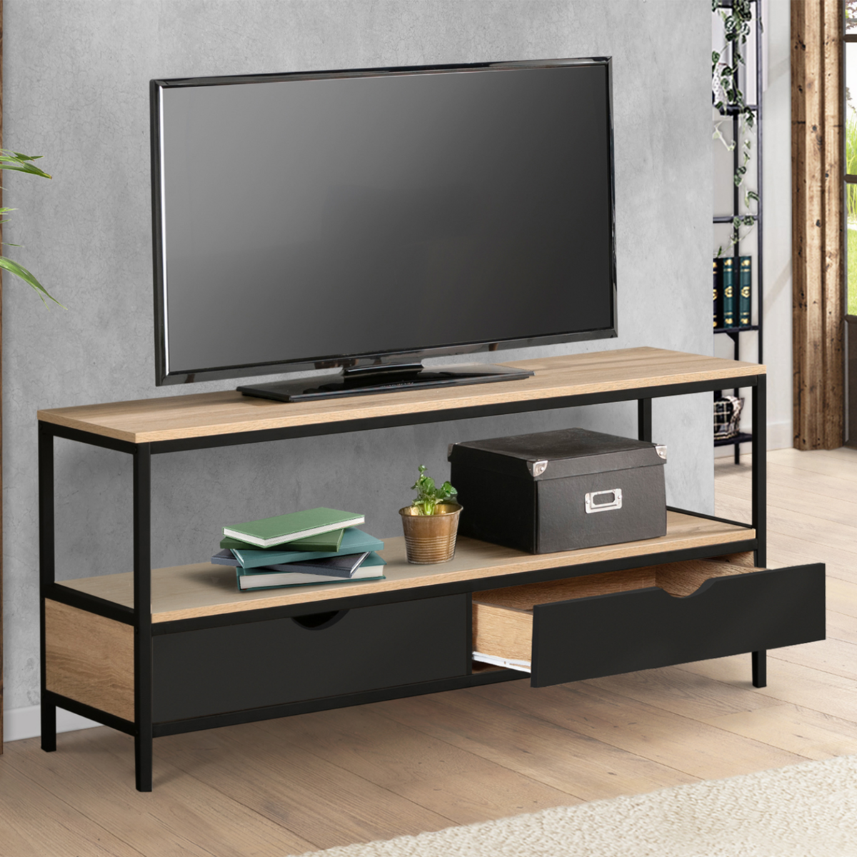 ID MARKET Meuble TV 113 cm 2 tiroirs noirs BOSTON design industriel