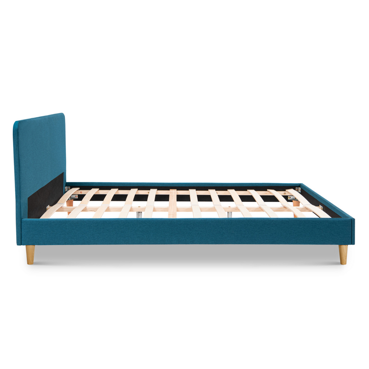 ID MARKET Lit double scandinave BALTA avec tête de lit et sommier 160 x 200 cm tissu bleu canard