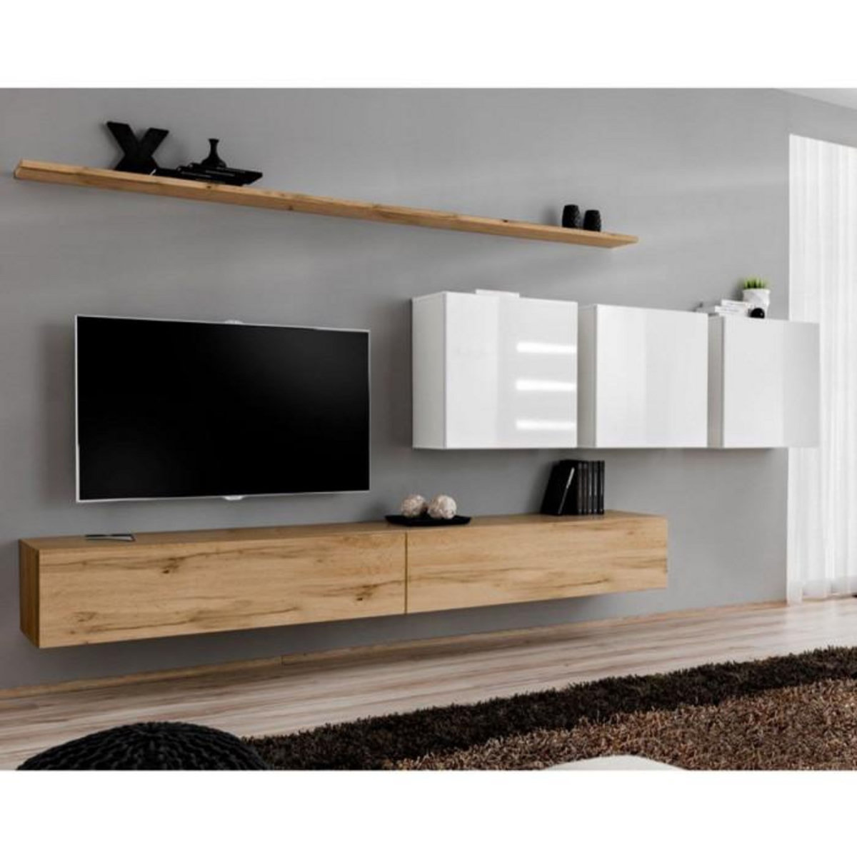 Paris Prix Meuble TV Mural Design  Switch VII  340cm Naturel & Blanc