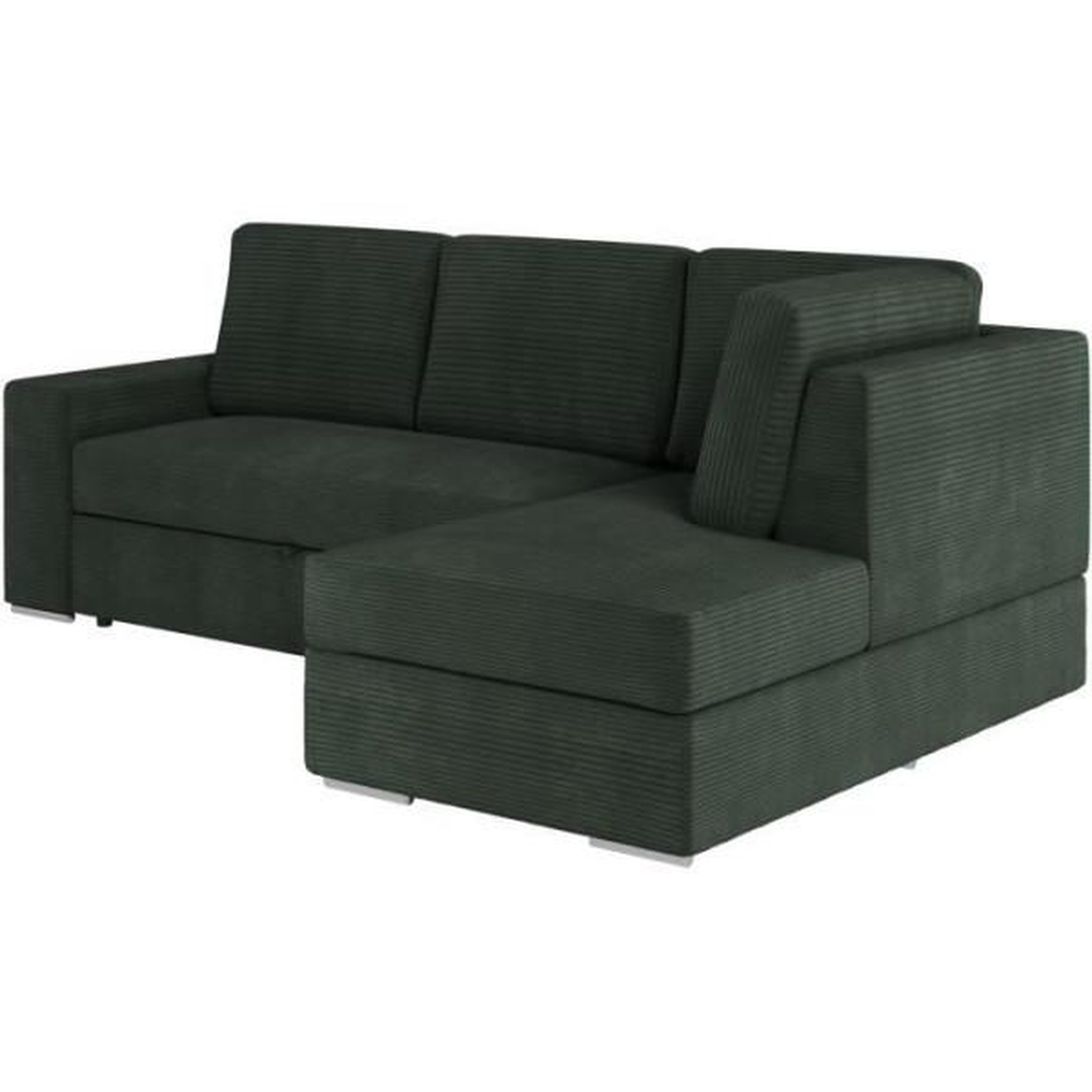 Voir la diapositive 3 : LOUNGITUDE Canapé d'angle droit 3 places convertible ADEN avec coffre en velours côtelé - Vert foncé - L246 x P174 x H96cm - LOUNGITUDE