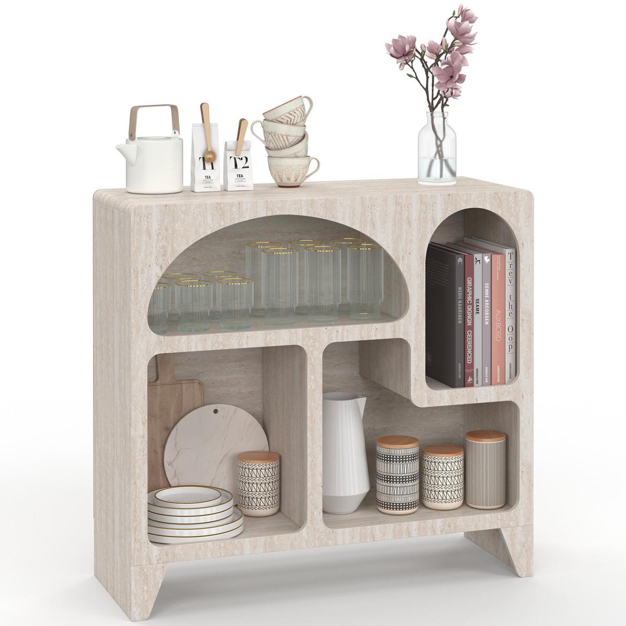 ID MARKET Buffet organique 80 cm alesia 4 niches meuble de rangement effet travertin
