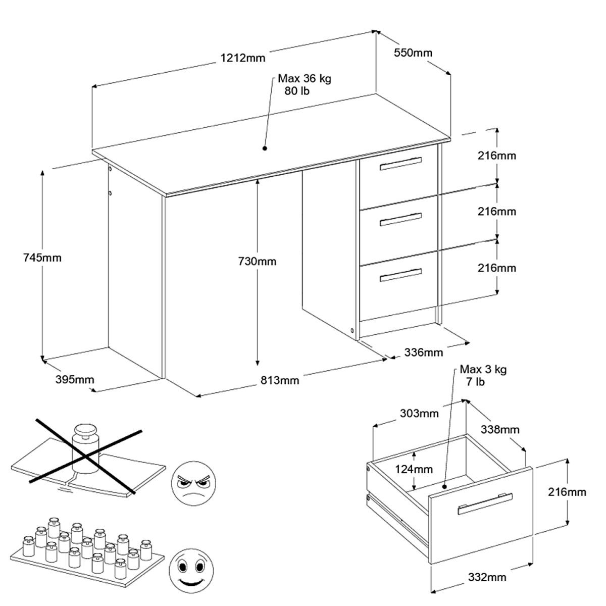 Bureau enfant droit 3 tiroirsL121 x H74 x P55cm STUDY