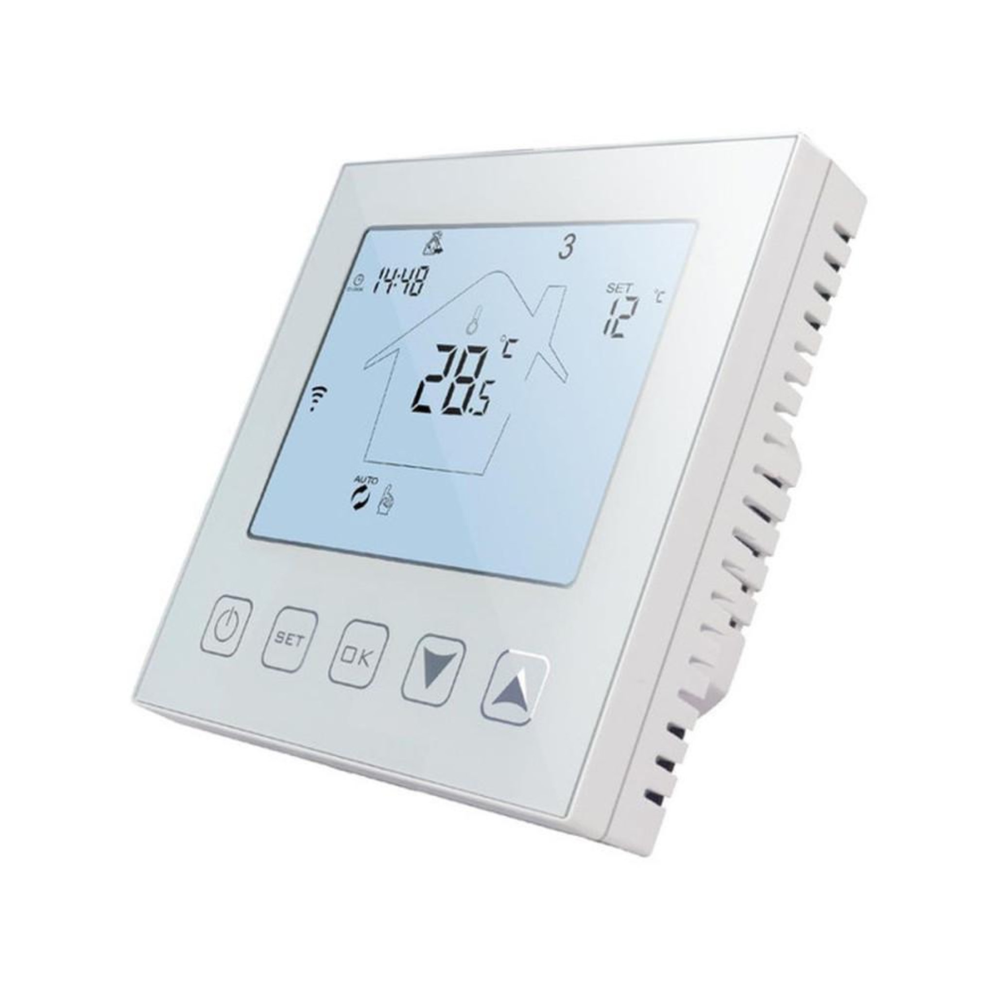 Thermostat Wi‑Fi 16 A pour chauffage au sol électrique, écran LCD, contrôle Tuya/Smart Life, commande vocale Alexa/Google, sonde NTC 2,5 m, blanc