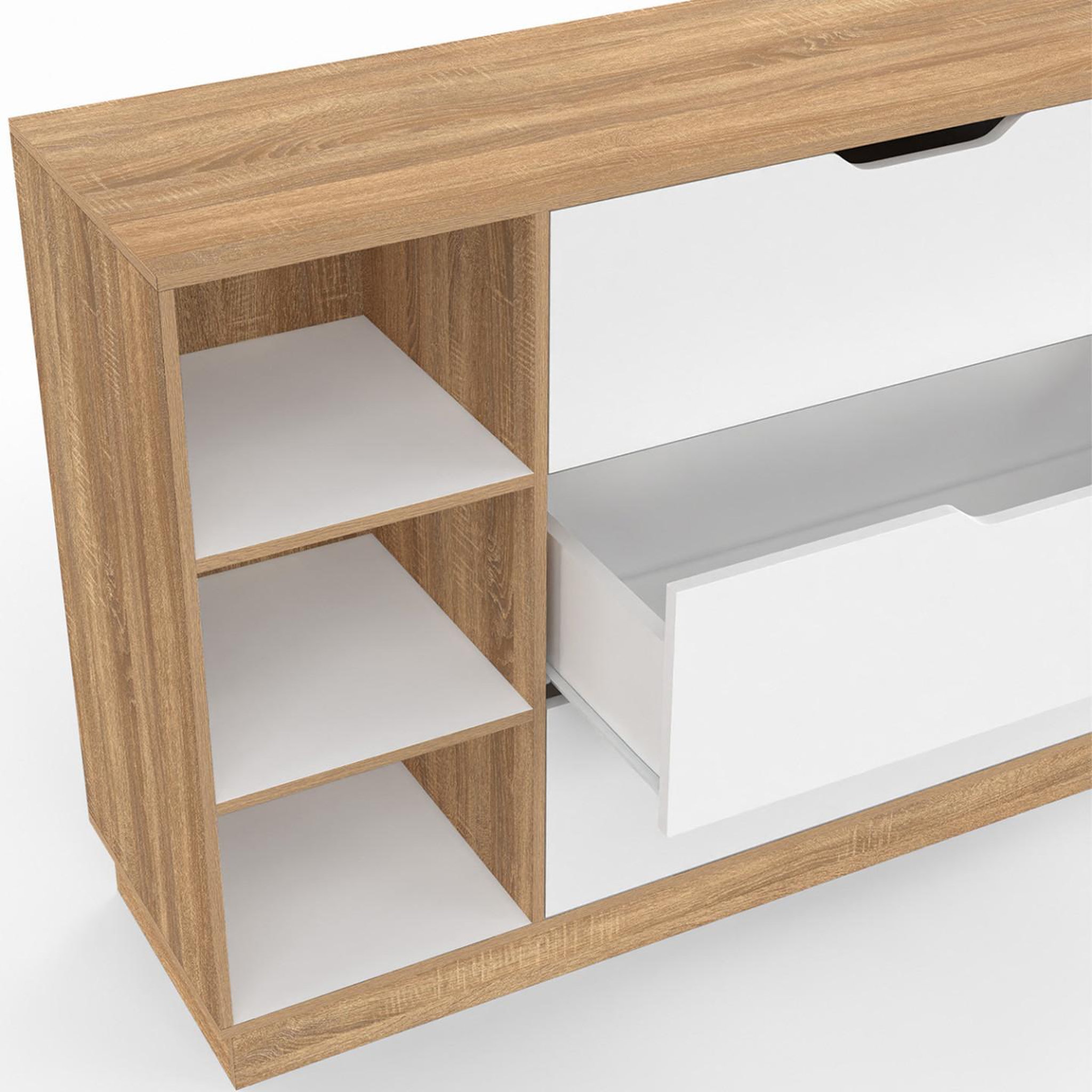 Voir la diapositive 6 : ID MARKET Commode 3 tiroirs et 3 niches oxana hêtre et blanc