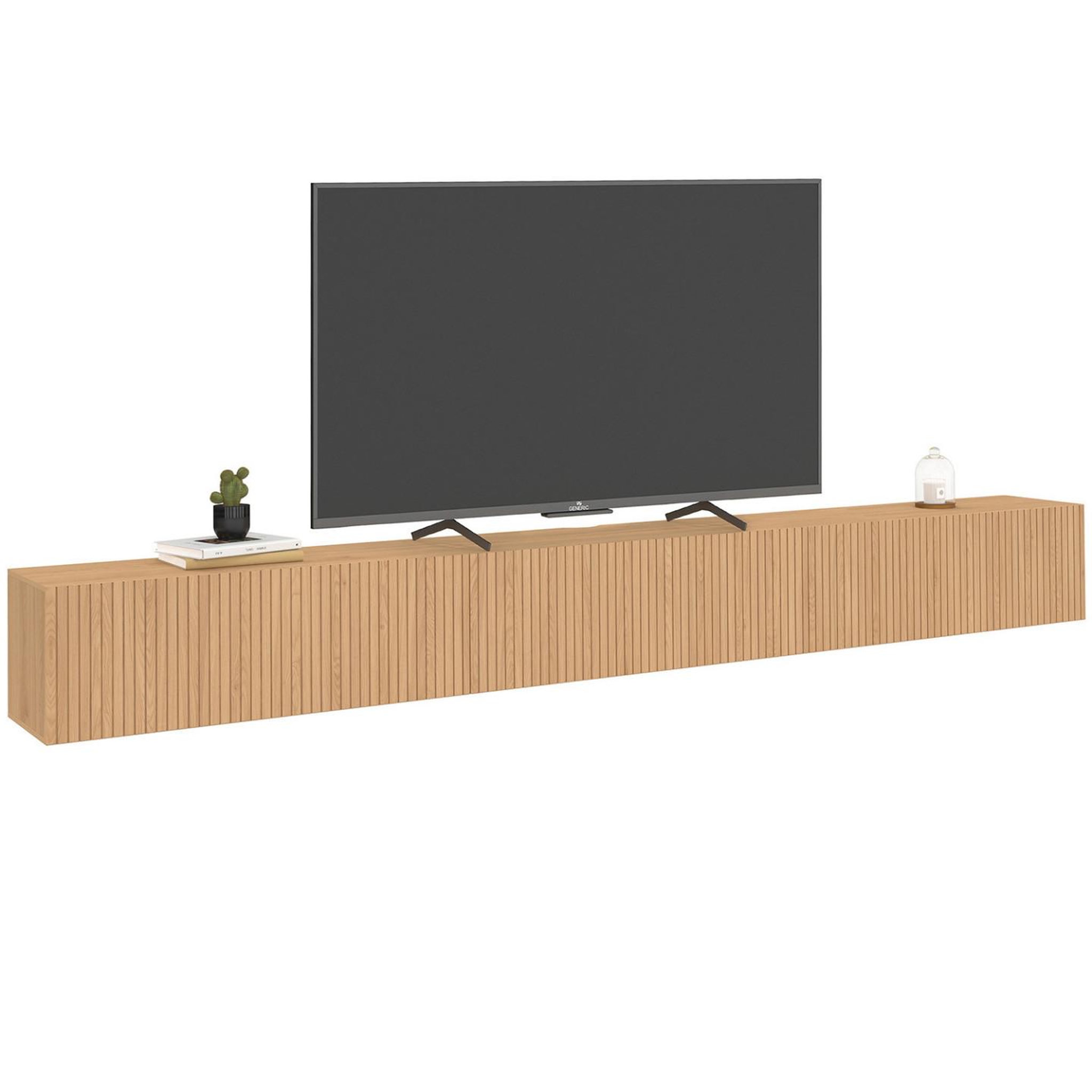 ID MARKET Meuble tv 270 cm suspendu juliette 3 portes lattes tasseau bois coloris chêne