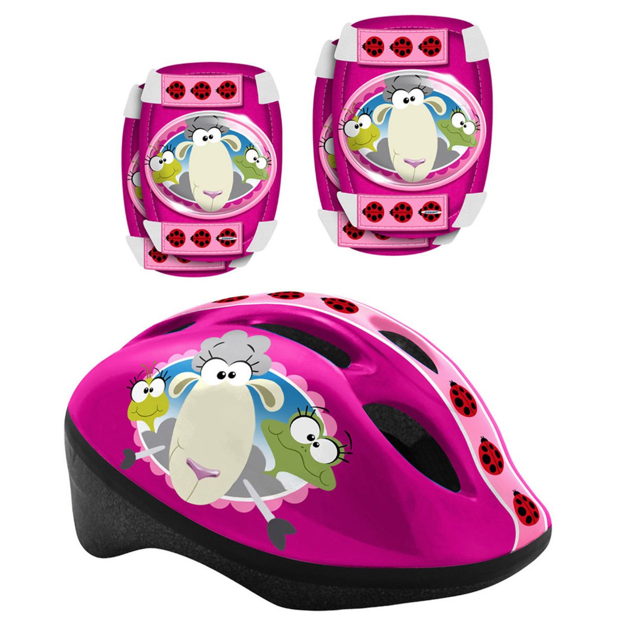 Voir la diapositive 1 : Casque + Coudières/Genouillères Rose, Animaux de la ferme