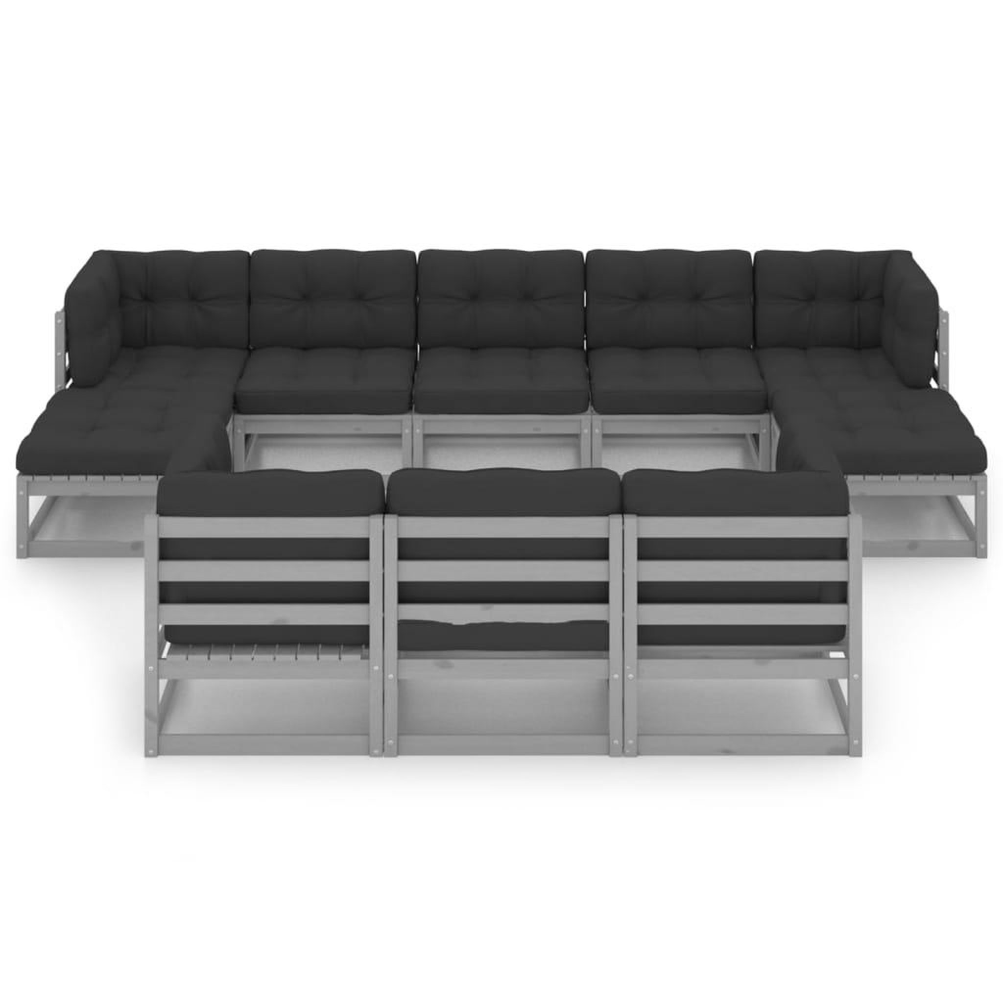 Voir la diapositive 3 : VIDAXL Salon de jardin 10 pcs avec coussins Gris Bois de pin massif
