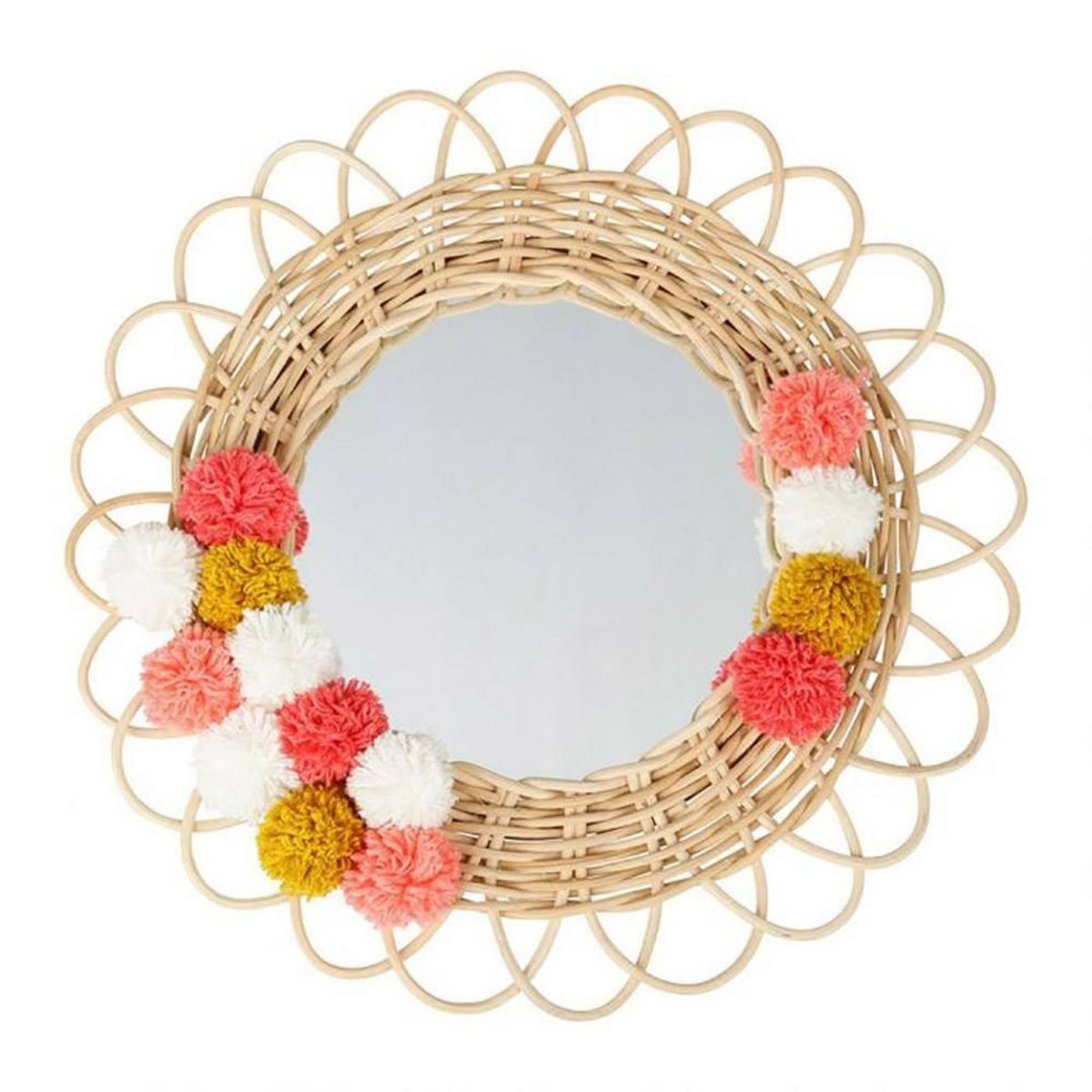 OSTARIA Miroir rond rotin pompons naturel D37