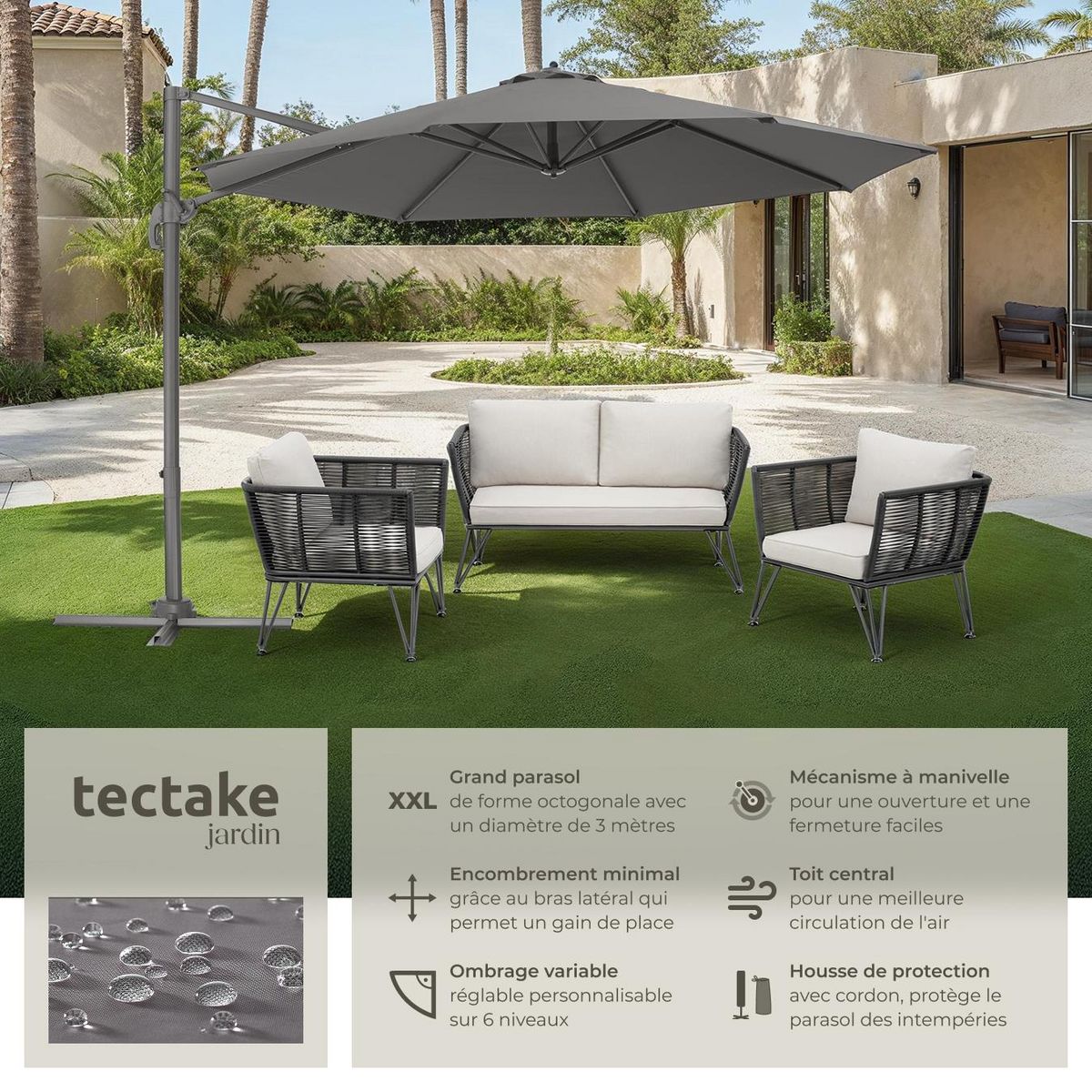 tectake Parasol ø 300 cm gris