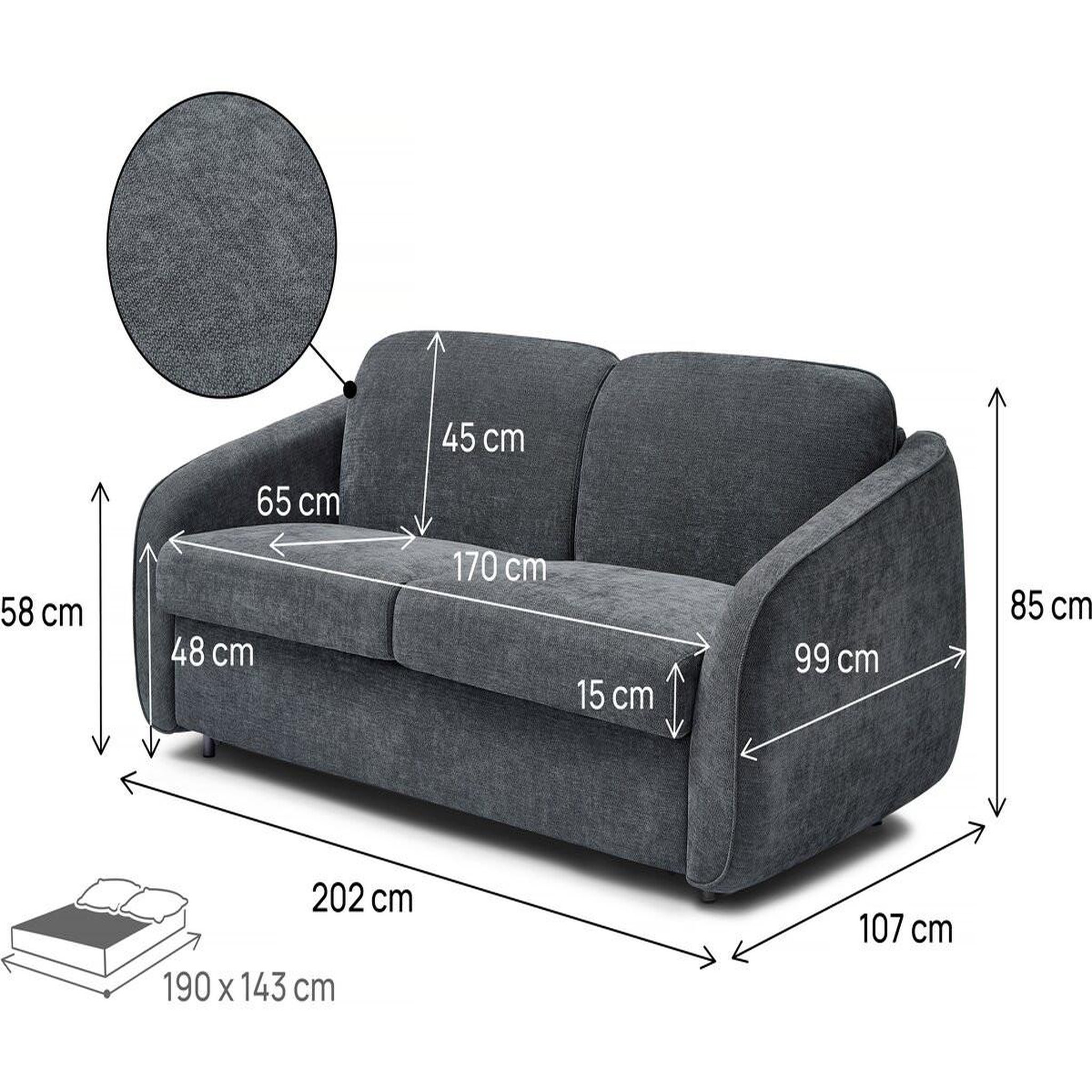 Voir la diapositive 4 : Habitat et Jardin Canapé lit convertible express en tissu texturé  Laurie  - 202 x 107 x 85 cm
