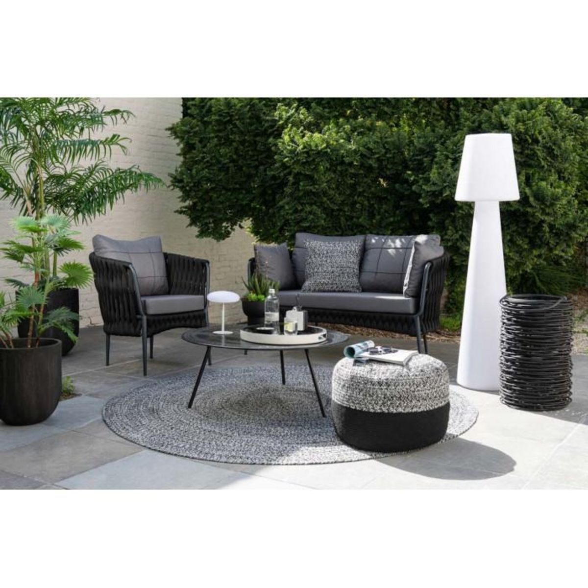 Paris Prix Pouf Rond Design  Miami  50cm Noir & Blanc