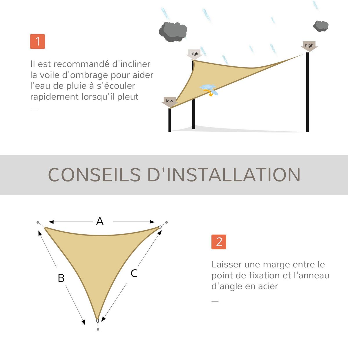 OUTSUNNY Voile d'ombrage triangulaire grande taille 4 x 4 x 4 m polyéthylène haute densité résistant aux UV coloris sable