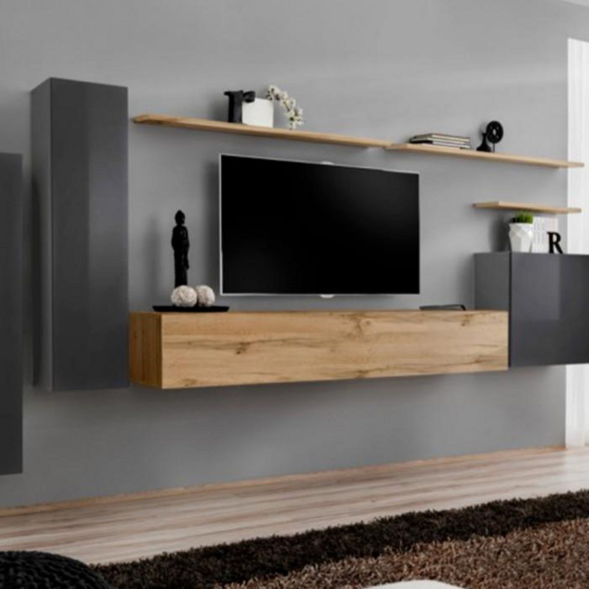 Paris Prix Meuble TV Mural Design  Switch I  330cm Gris & Naturel