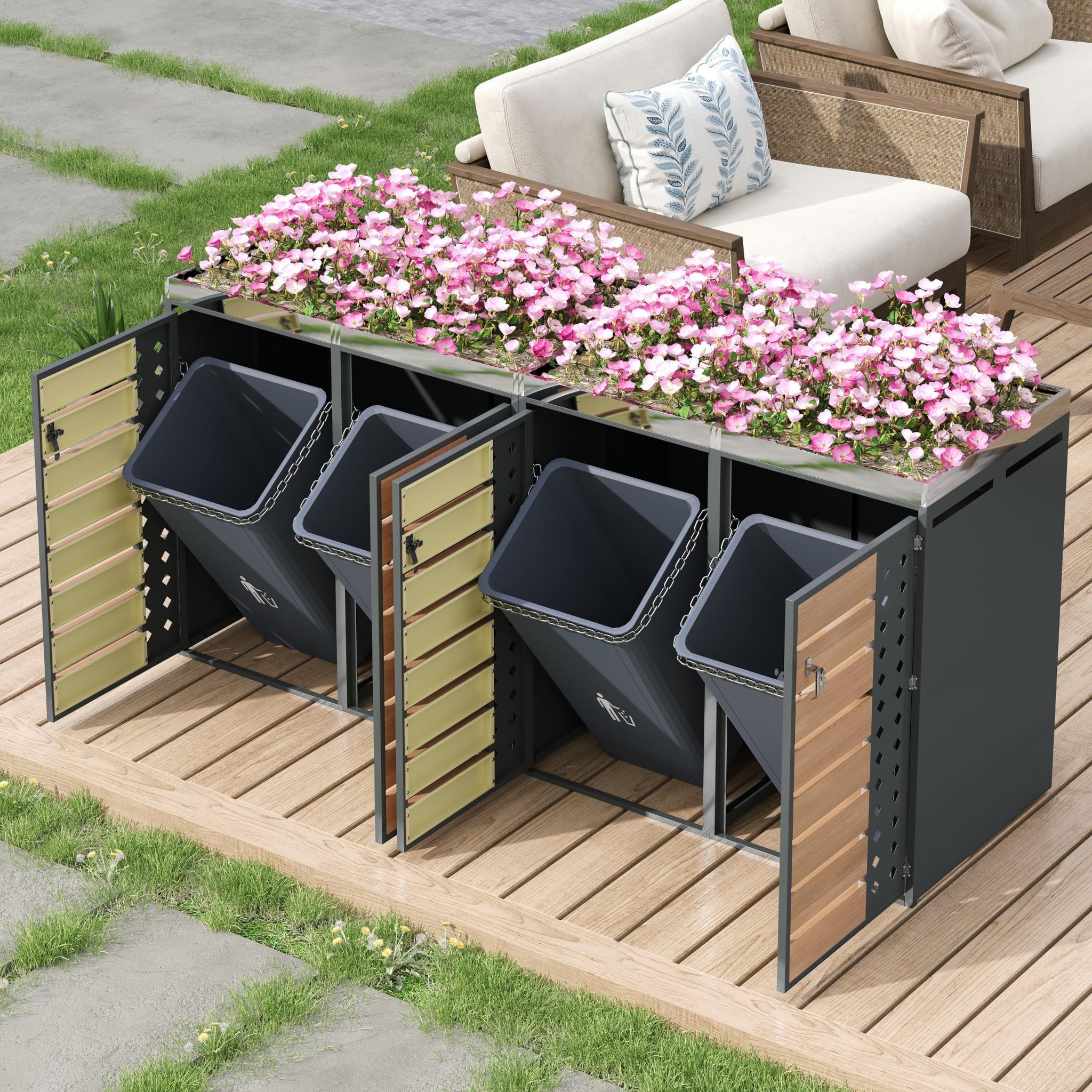 Voir la diapositive 4 : MERAX Cache Poubelle Extérieur Lot de 2 avec Verrouillage et Jardinière, Gris