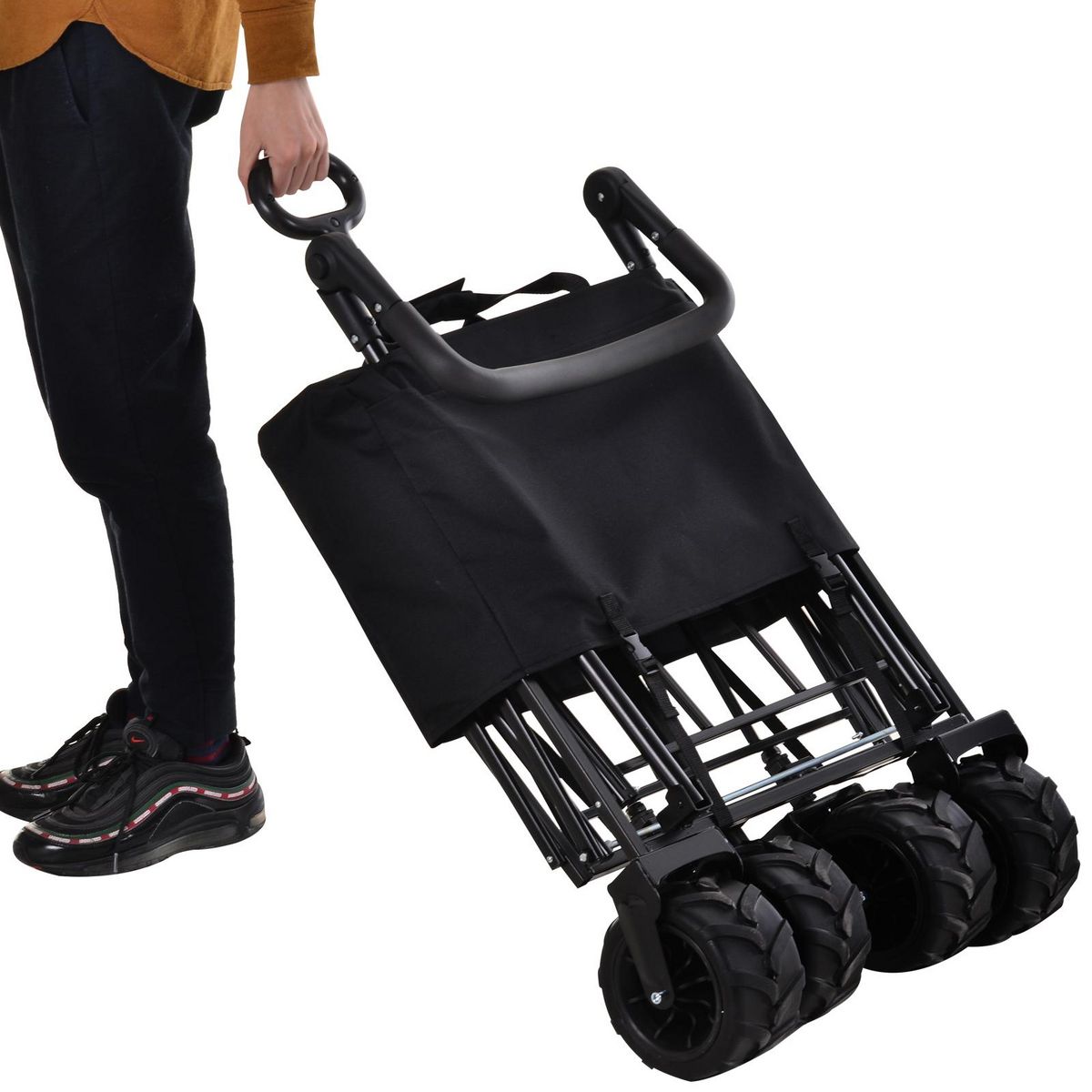 OUTSUNNY Chariot pliant avec toit, poignée, panier - chariot de plage - chariot de transport pliable tout-terrain métal oxford noir