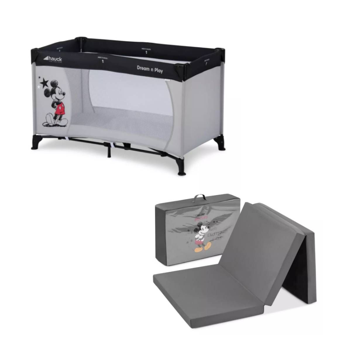 HAUCK Lit parapluie Dream N Play Mickey + Matelas pour lit parapluie Sleeper Mickey Mouse Gris