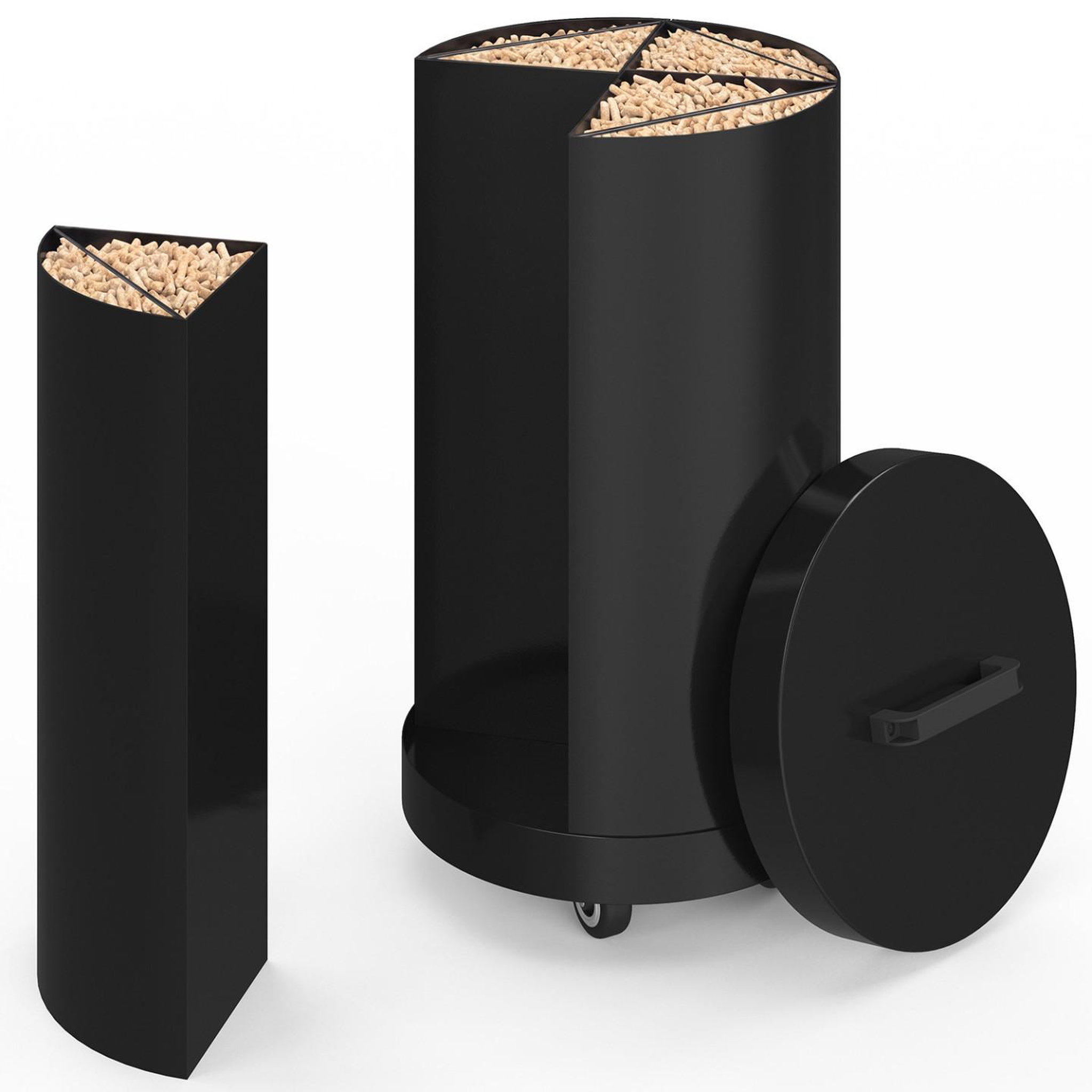 ID MARKET Réservoir à granulés rond 30 kg noir 4 compartiments détachables avec bec verseur rangement à pellets 35 x 35 x 63,5 cm