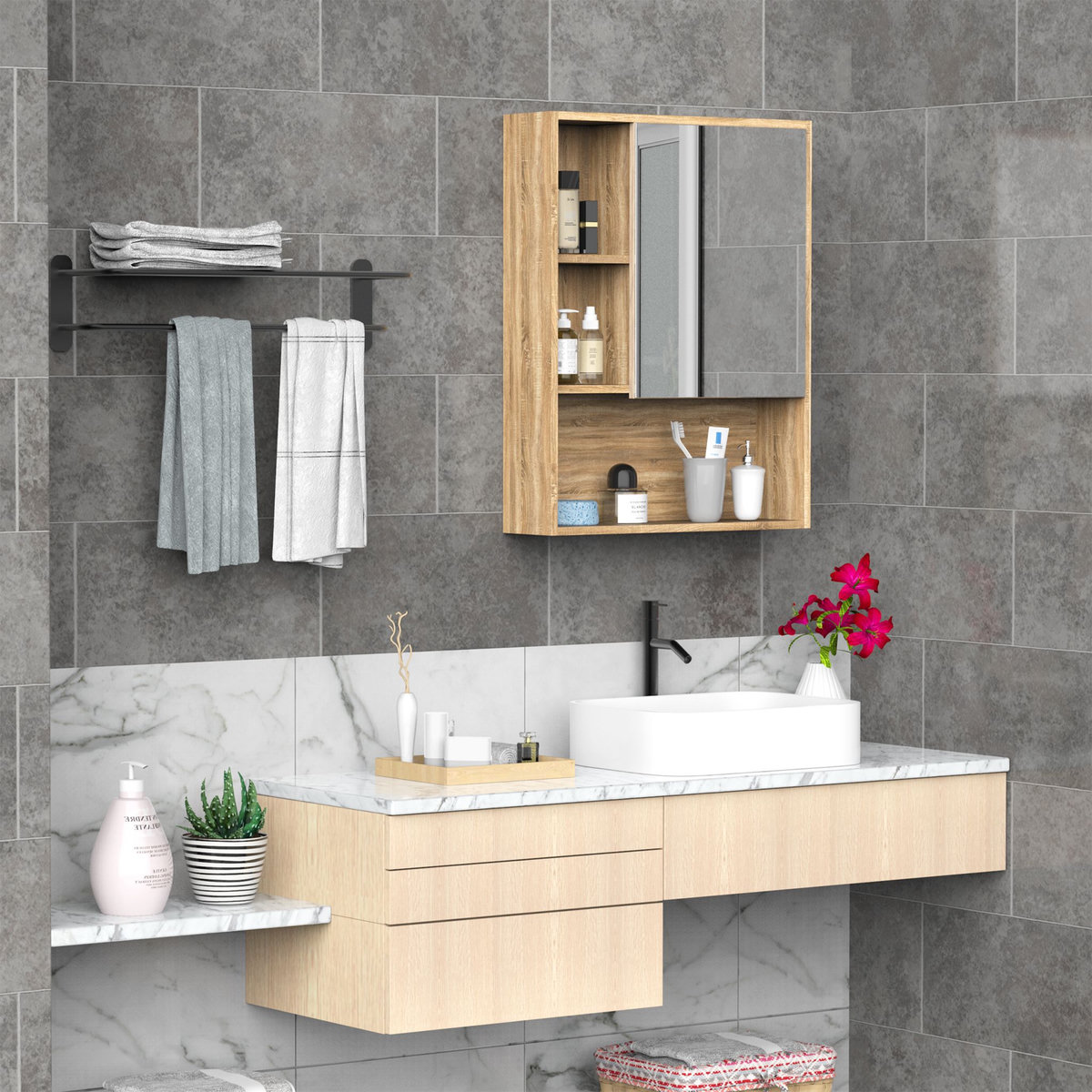 HOMCOM Armoire murale de rangement salle de bain avec porte miroir couleur bois de chêne dim. 60L x 15l x H76 cm