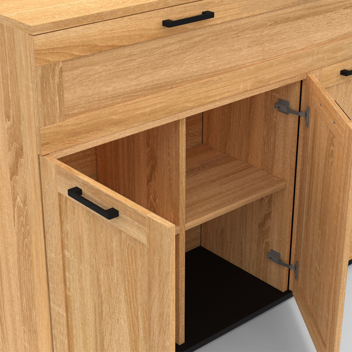 ID MARKET Buffet 100 cm VITO 3 portes et 1 tiroir façon hêtre et poignées noires