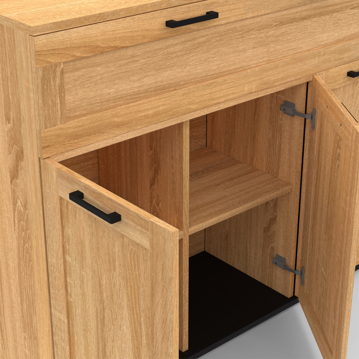 ID MARKET Buffet 100 cm VITO 3 portes et 1 tiroir façon hêtre et poignées noires