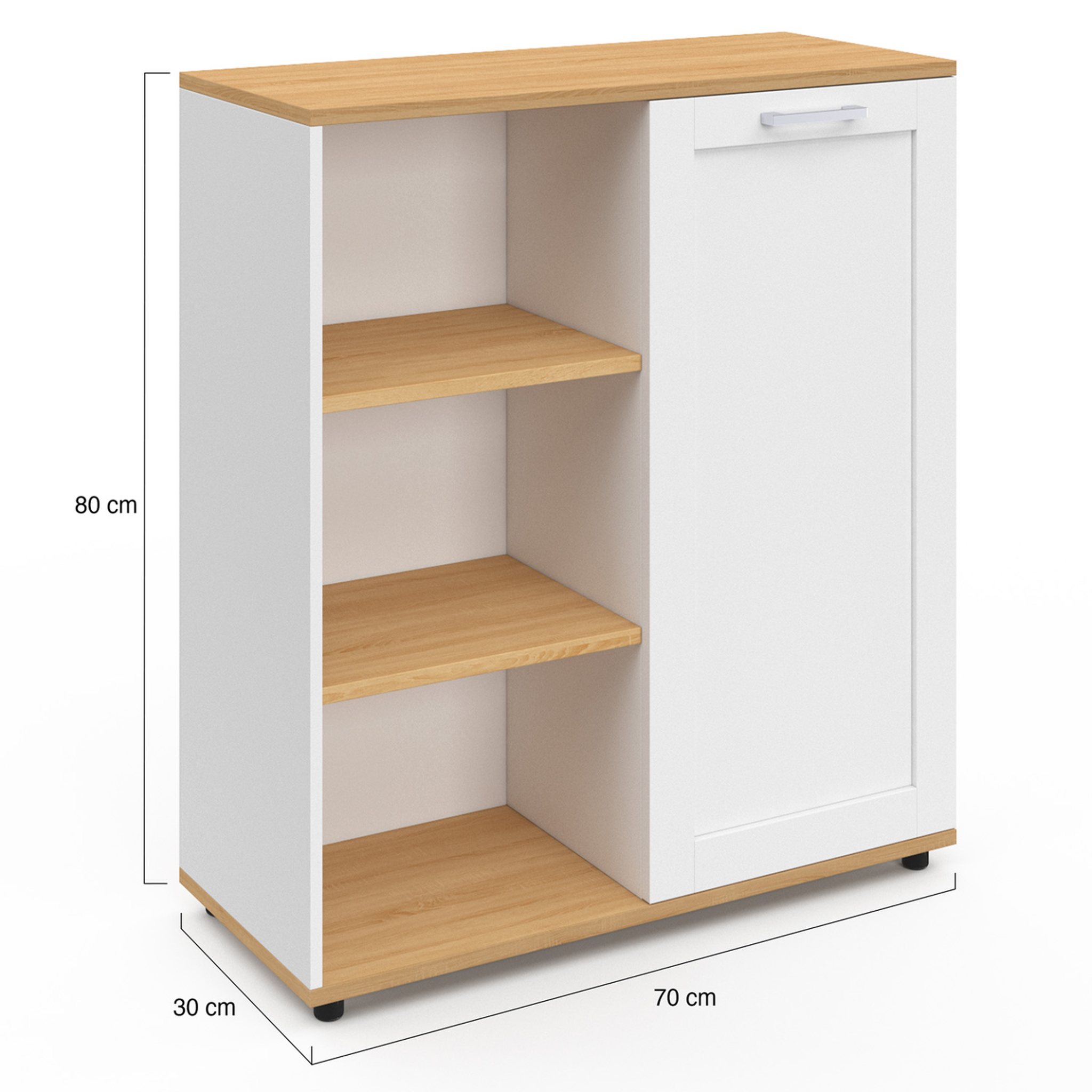 Voir la diapositive 5 : ID MARKET Buffet d'appoint 70 cm vito 3 étagères et placard blanc et plateau bois