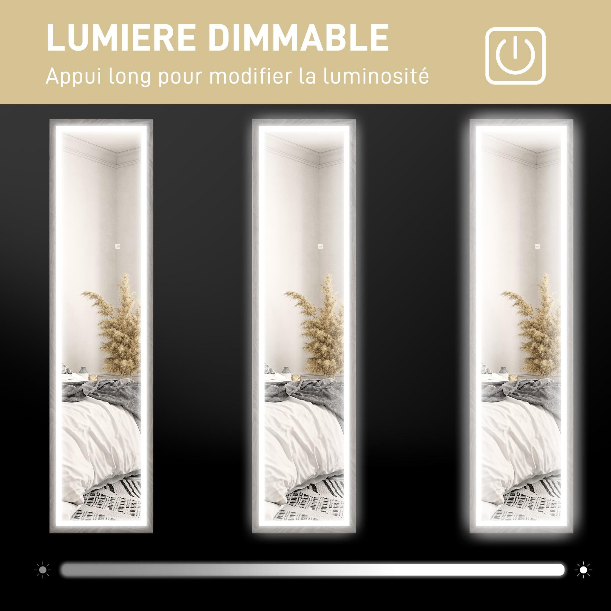 Voir la diapositive 6 : HOMCOM Grand miroir led pleine longueur 40 x 160 cm autoportant ou à fixer - 3 couleurs luminosité réglable - effet bois gris