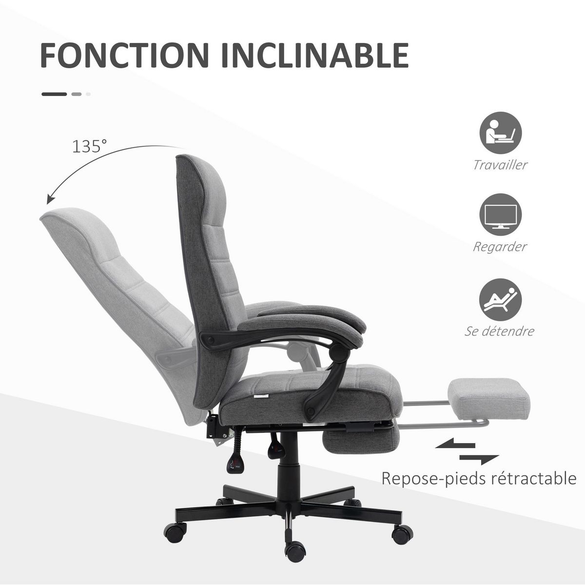 VINSETTO Chaise de bureau manager ergonomique inclinable réglable repose-pied rétractable tissu gris