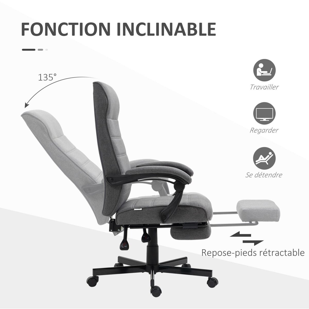VINSETTO Chaise de bureau manager ergonomique inclinable réglable repose-pied rétractable tissu gris