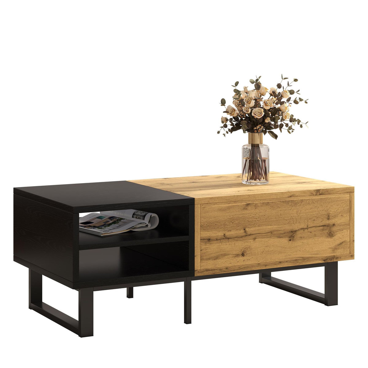 MERAX Table Basse Avec 1 Tiroir Et 3 Niches Bois Et Noir