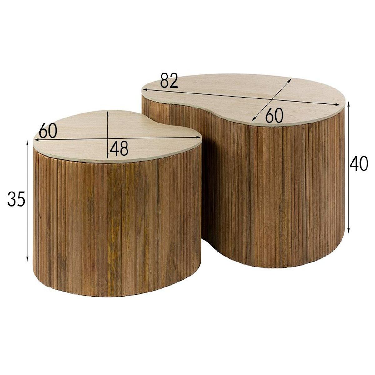 BEST MOBILIER Jade - lot de 2 tables basses gigognes effet travertin - pieds en bois massif de manguier - 93 et 76 cm