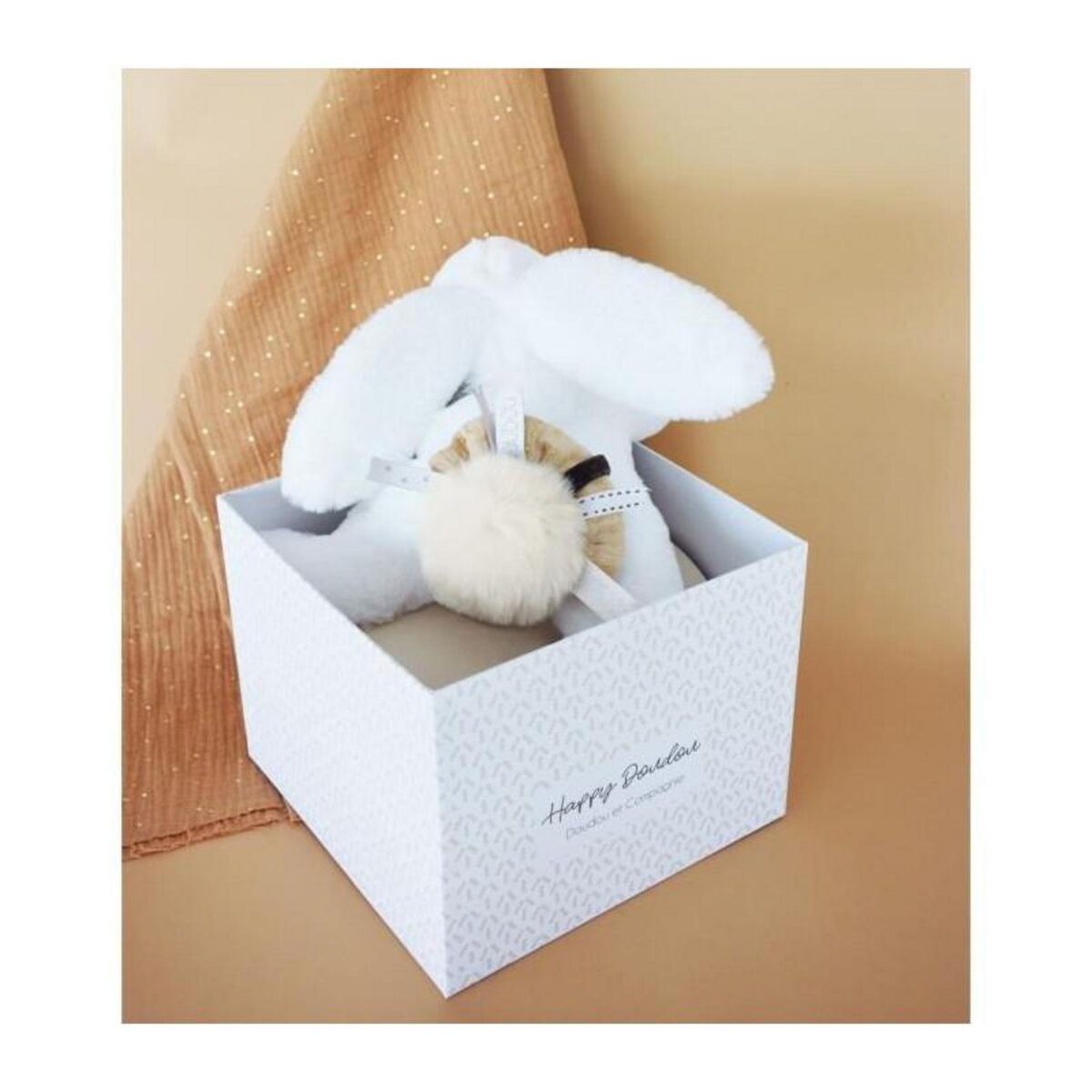 DOUDOU ET COMPAGNIE Doudou et Compagnie - Peluche Lapin -25 cm - Blanc/Sable - Lapin Pompon Naturel - Boite Cadeau - Happy Wild - Happy Doudou To Yo