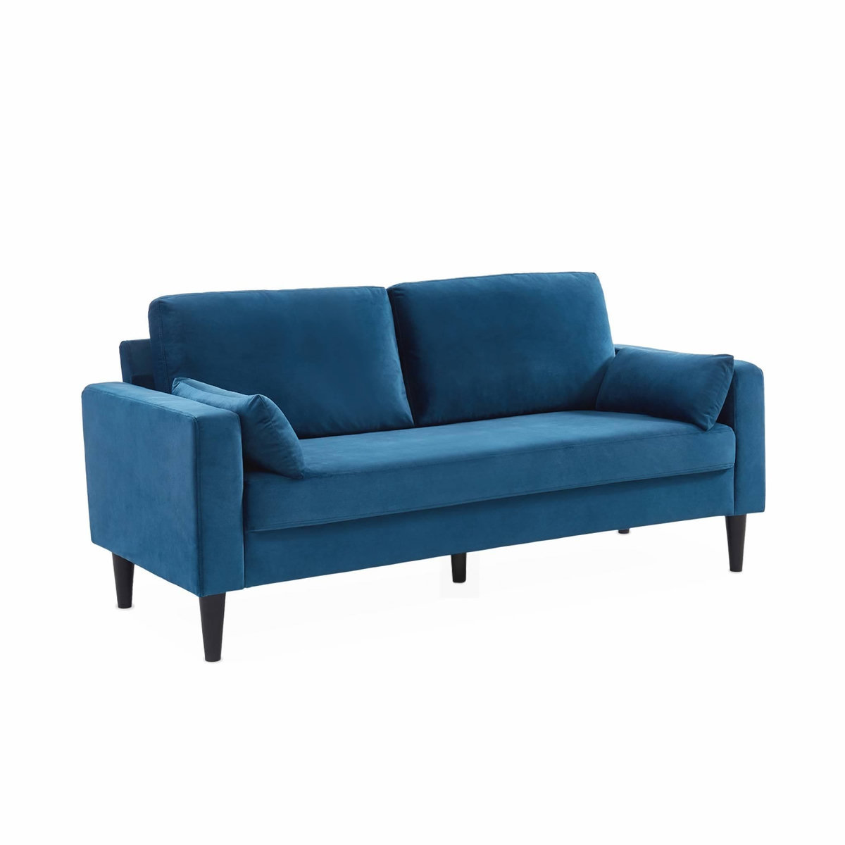 SWEEEK Canapé en velours bleu - Bjorn - Canapé 3 places fixe droit pieds bois. style scandinave