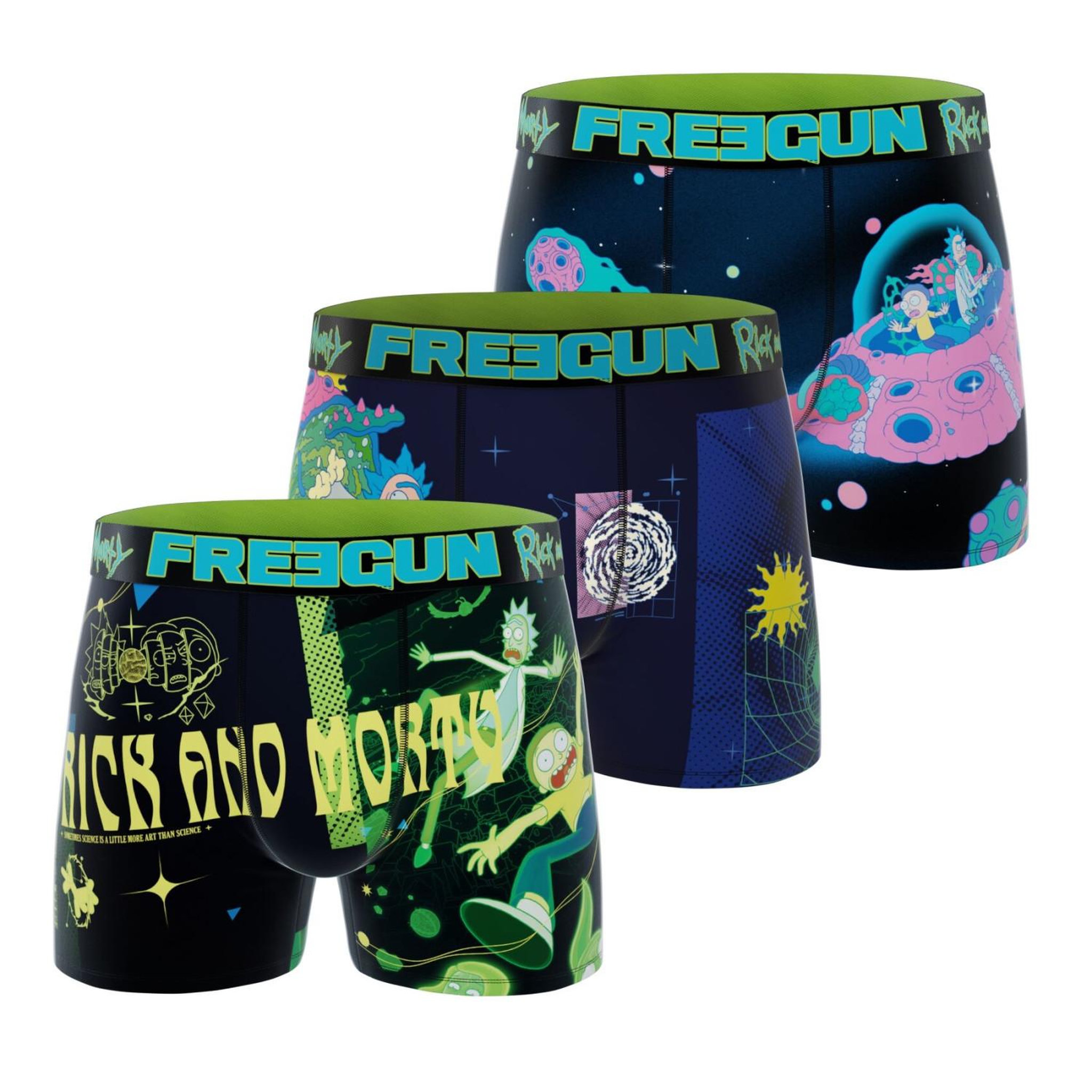 FREEGUN Lot de 3 boxers homme rick and morty. Coloris disponibles : Vert