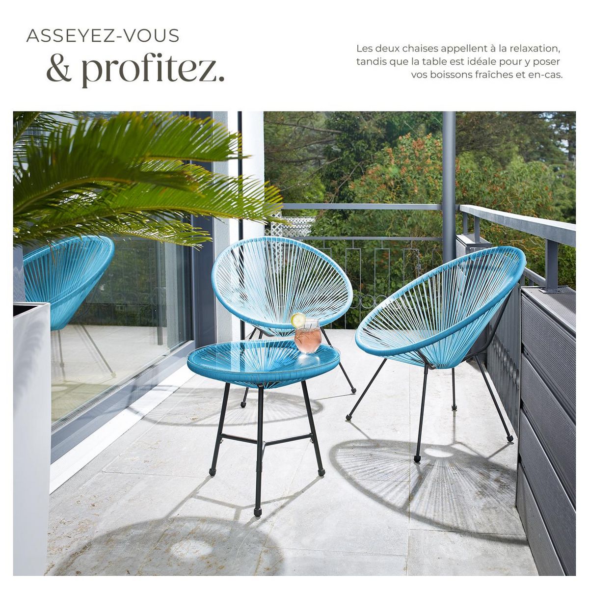 tectake Ensemble de 2 chaises de jardin avec table design rétro dans le style Acapulco bleu