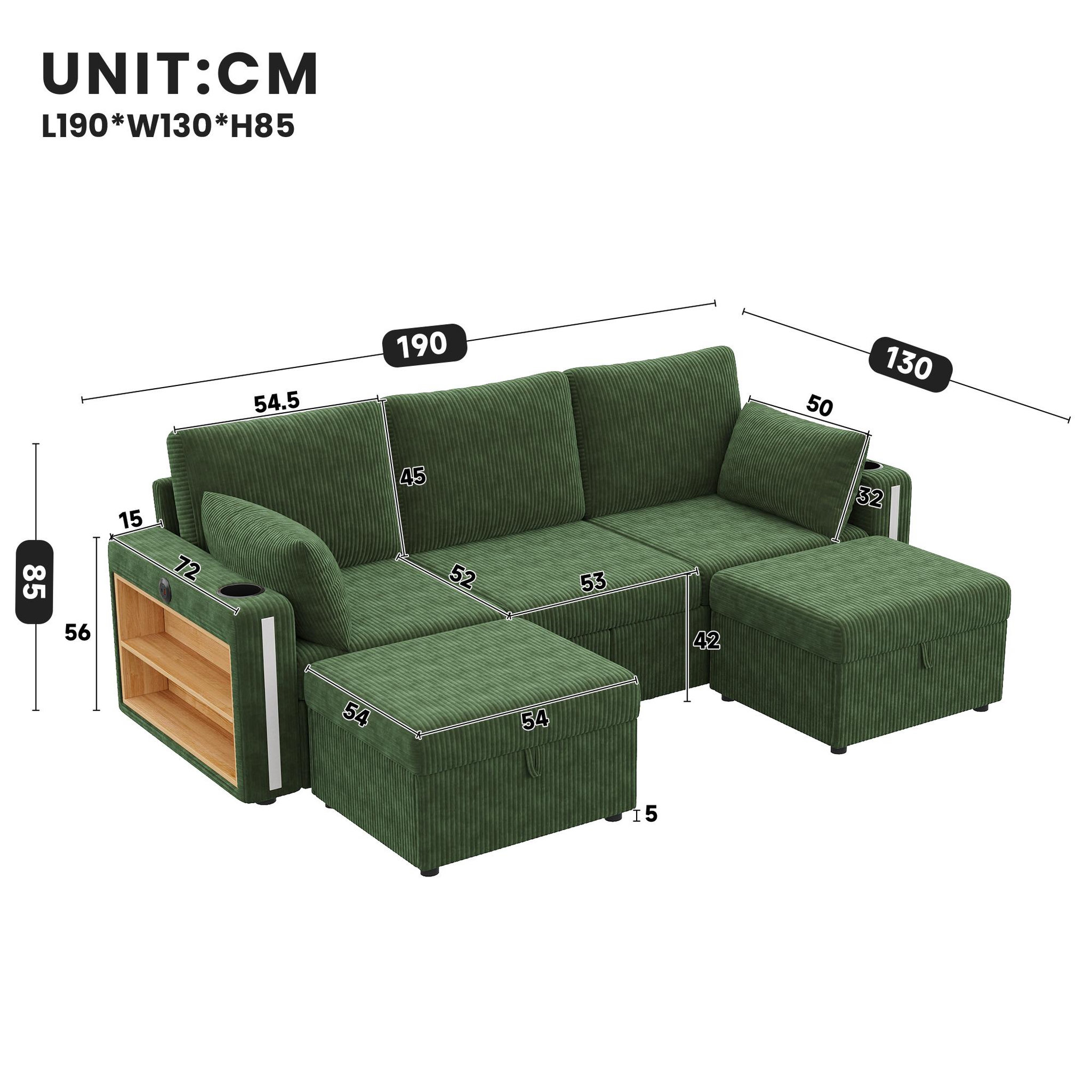 Voir la diapositive 3 : MERAX Canapé d'angle modulable 5 places u/l avec rangement led usb type-c tissu côtelé