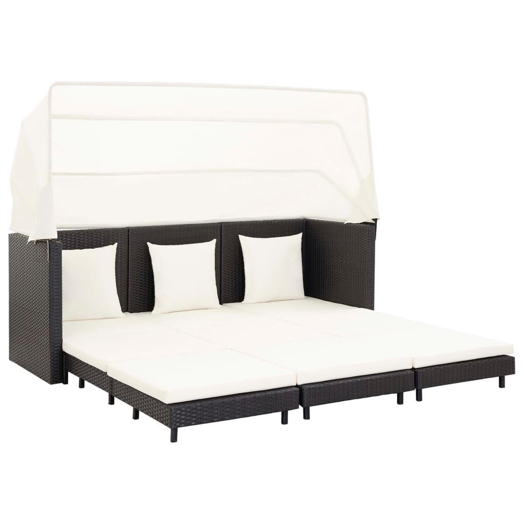 VIDAXL Canape-lit extensible 3 places avec toit Resine tressee Noir