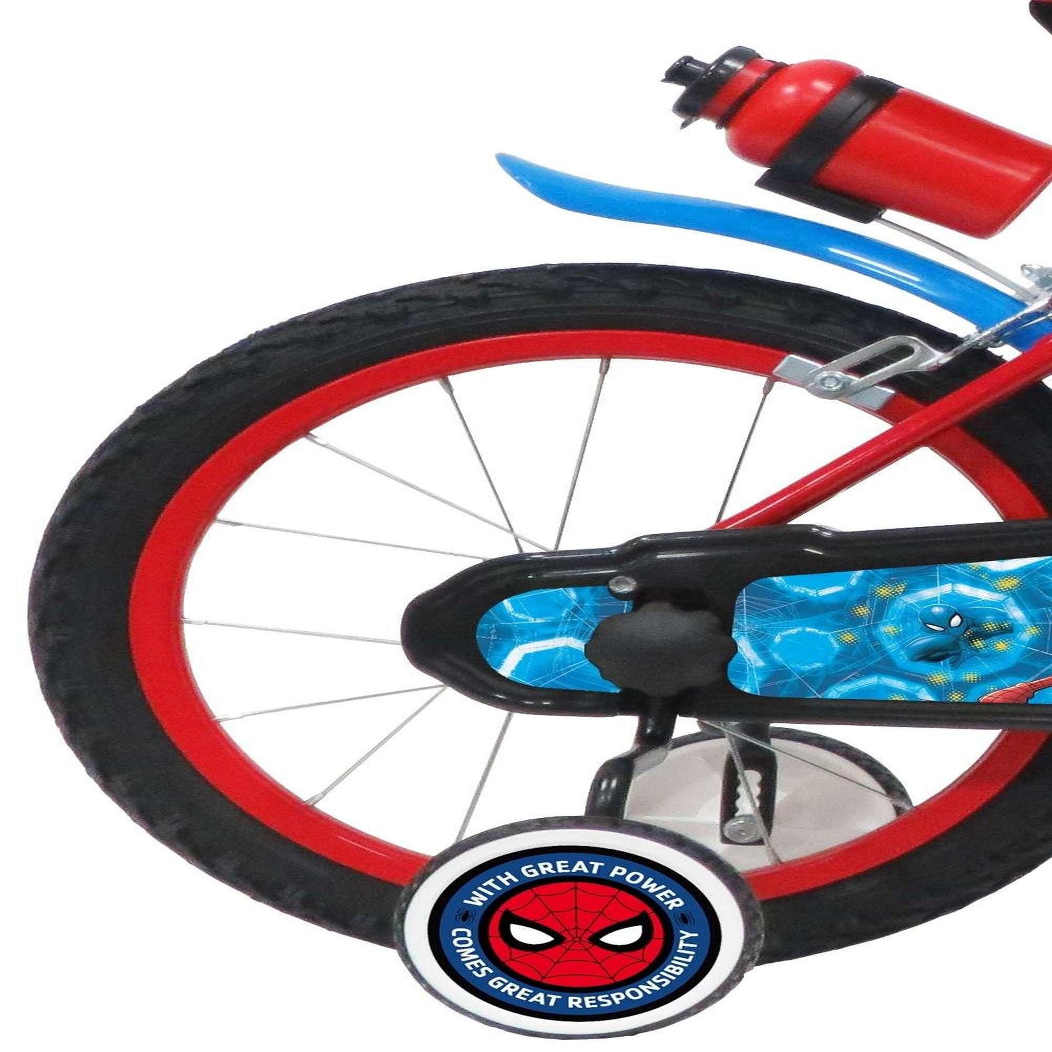 Voir la diapositive 2 : Marvel Vélo enfant 16''  - Modèle Spiderman pour enfant de 105 à 120 cm avec stabilisateurs - Plaque décorative avant - Bidon arrière - 2 freins et Pneus gonflables